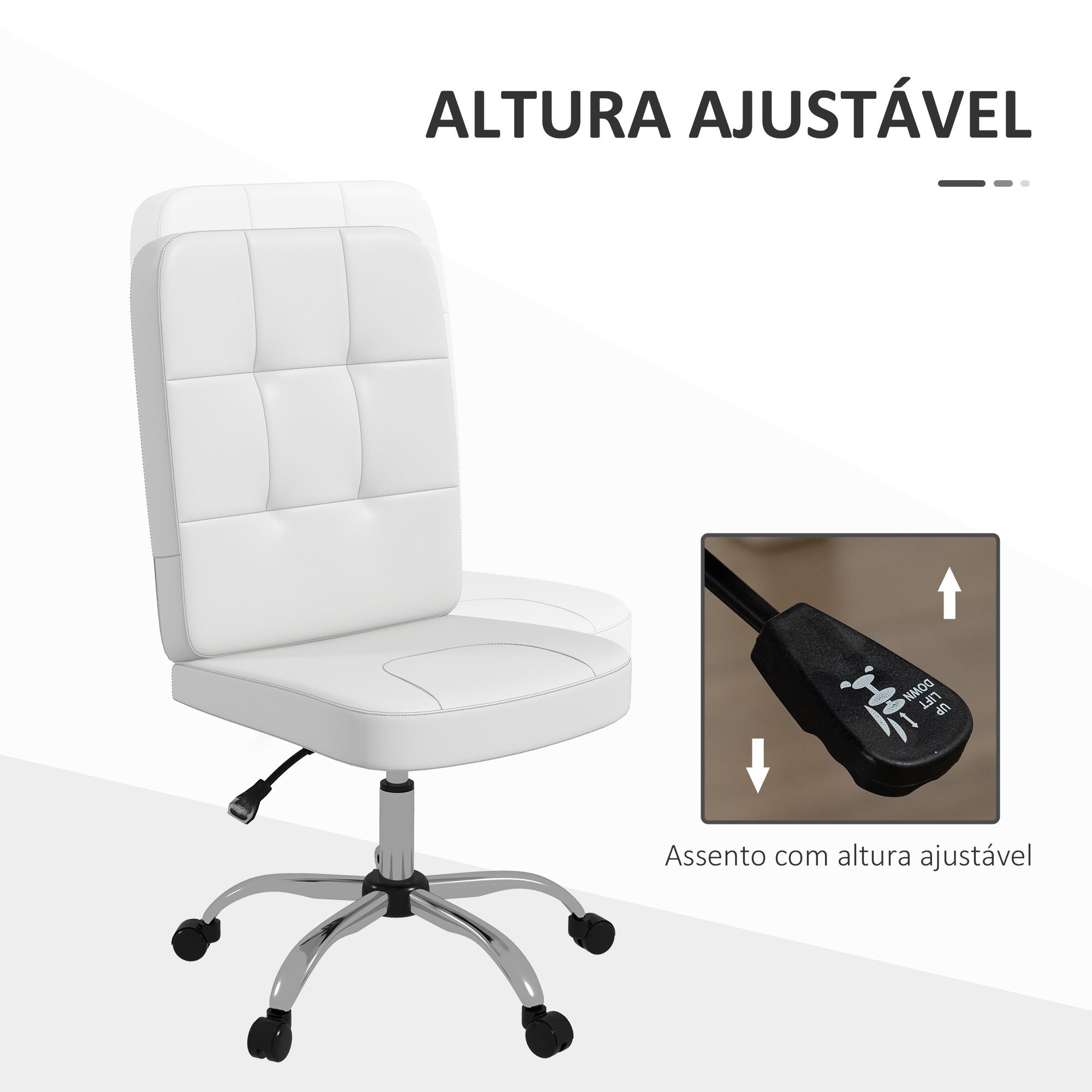 Cadeira de Escritório Moderna – 45x59x90-100 cm – Branca – PVC, Espuma, Aço e Placa Multicamadas