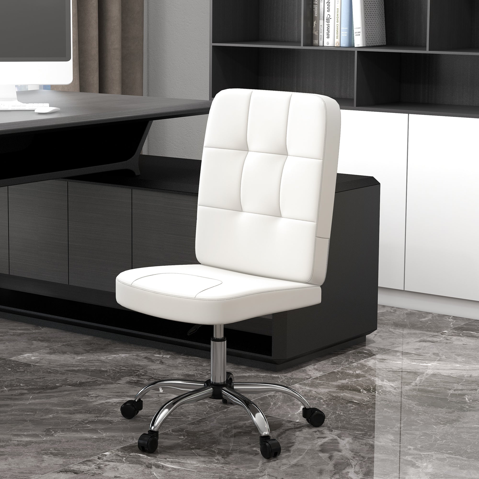 Cadeira de Escritório Moderna – 45x59x90-100 cm – Branca – PVC, Espuma, Aço e Placa Multicamadas