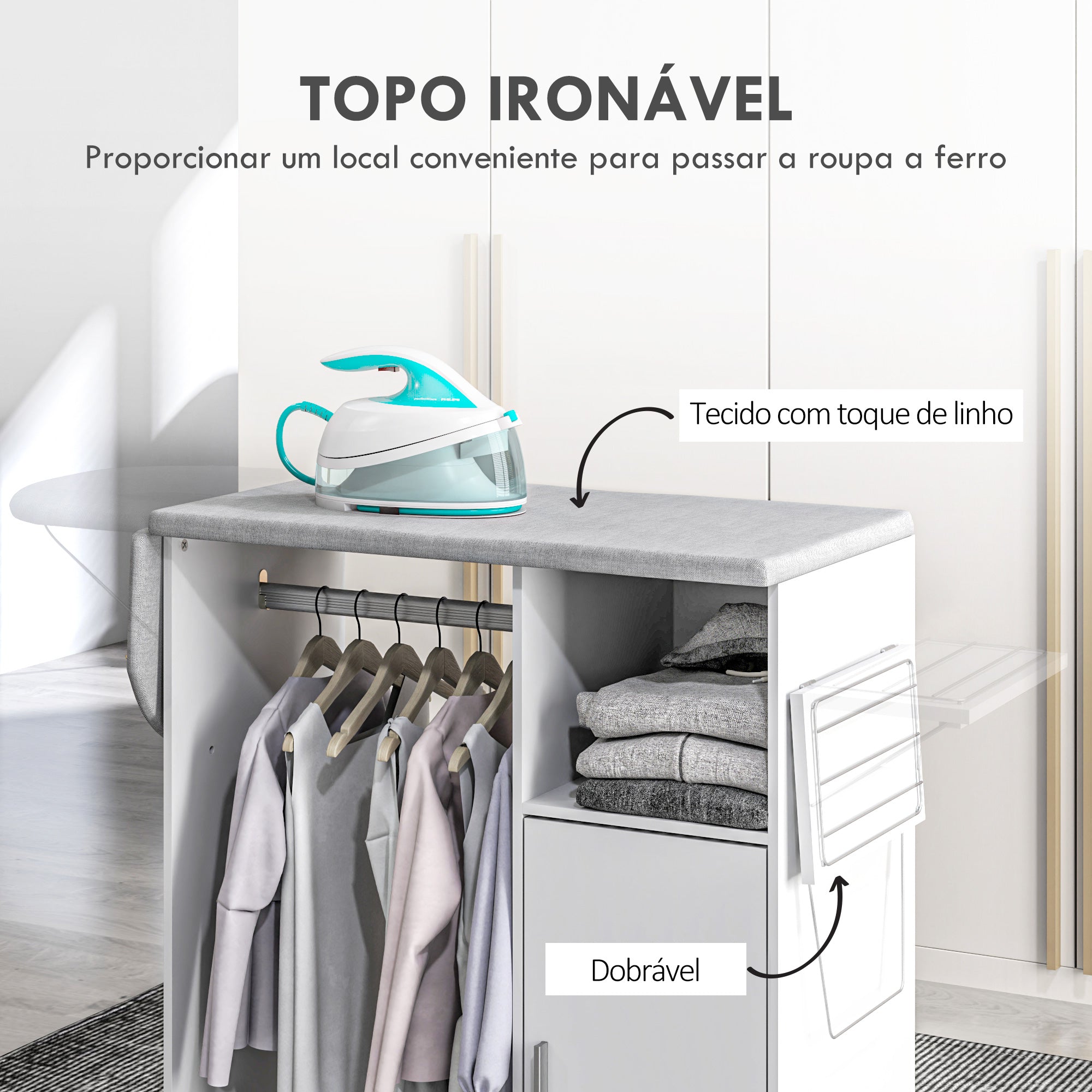 Móvel de Engomar Branco 107x42,5x99 cm - Prateleira Aberta e Tábua Dobrável
