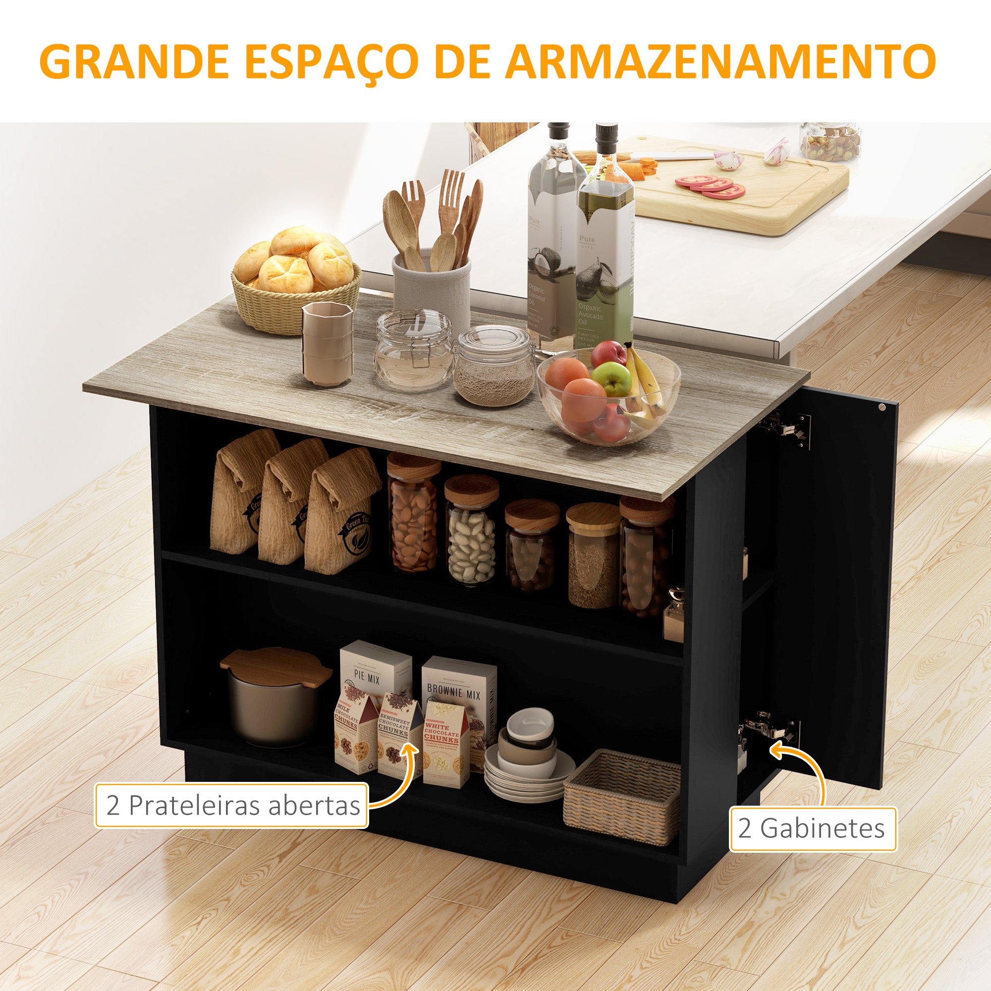 Ilha de Cozinha com 2 Prateleiras Abertas e 2 Portas - 105x60x82 cm - Preto e Carvalho