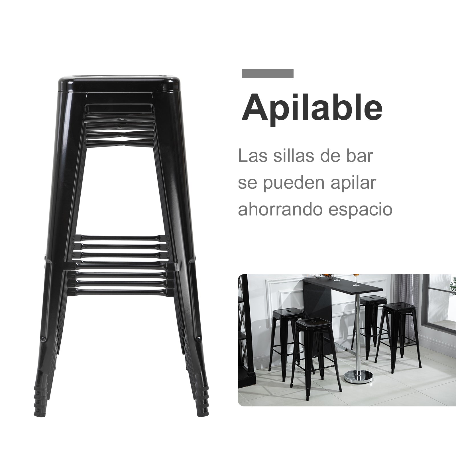 Conjunto de 4 Bancos de Bar Empilháveis – 41x41x67 cm – Preto – Metal