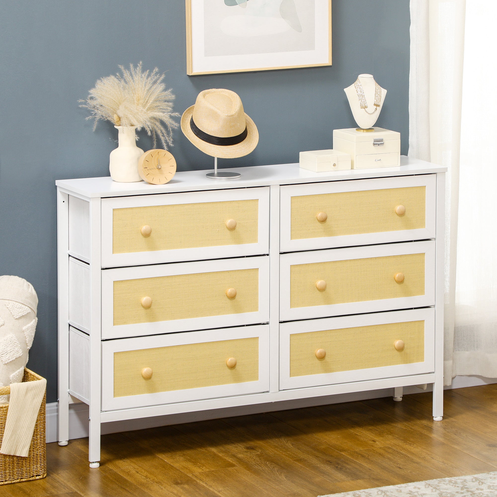Cómoda Moderna 6 Gavetas – 120x30x83 cm – Branco – MDF/Metal/Tecido