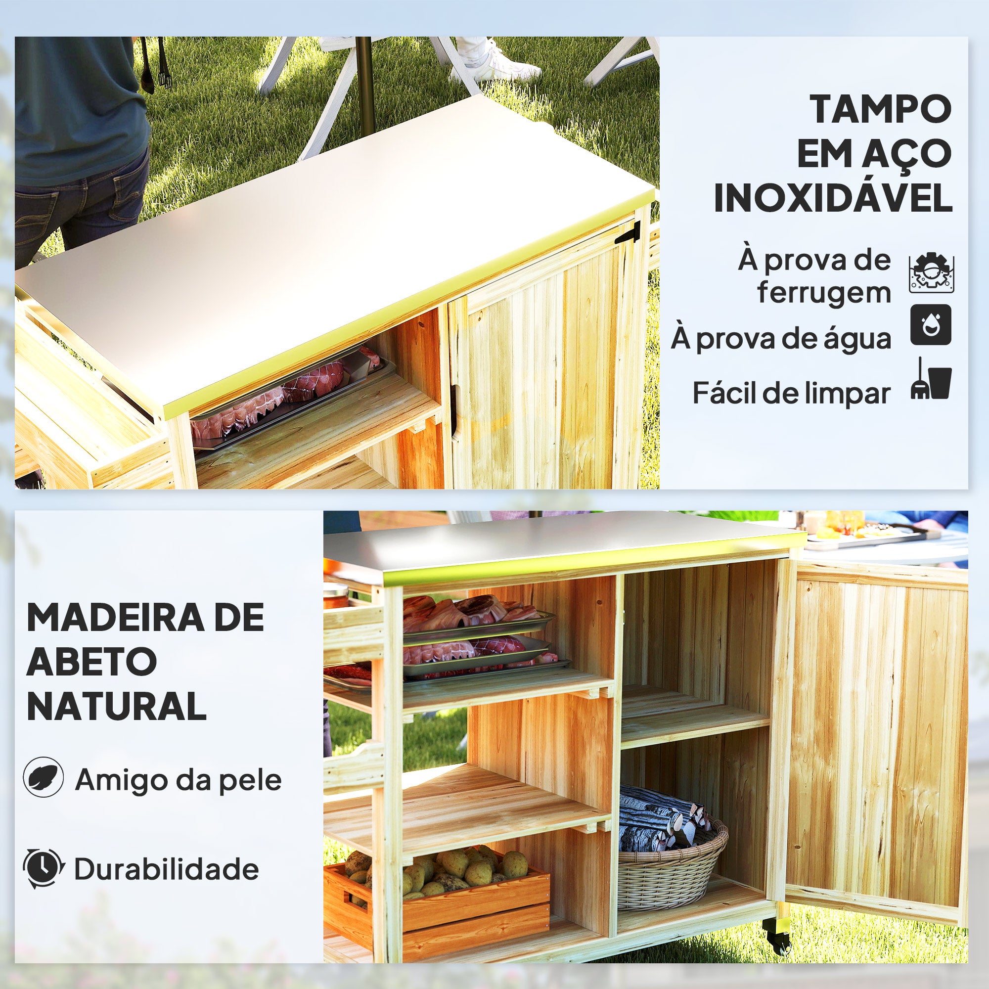 Carrinho de Barbecue de Madeira 134,5x50x91,5 cm - Cor Madeira