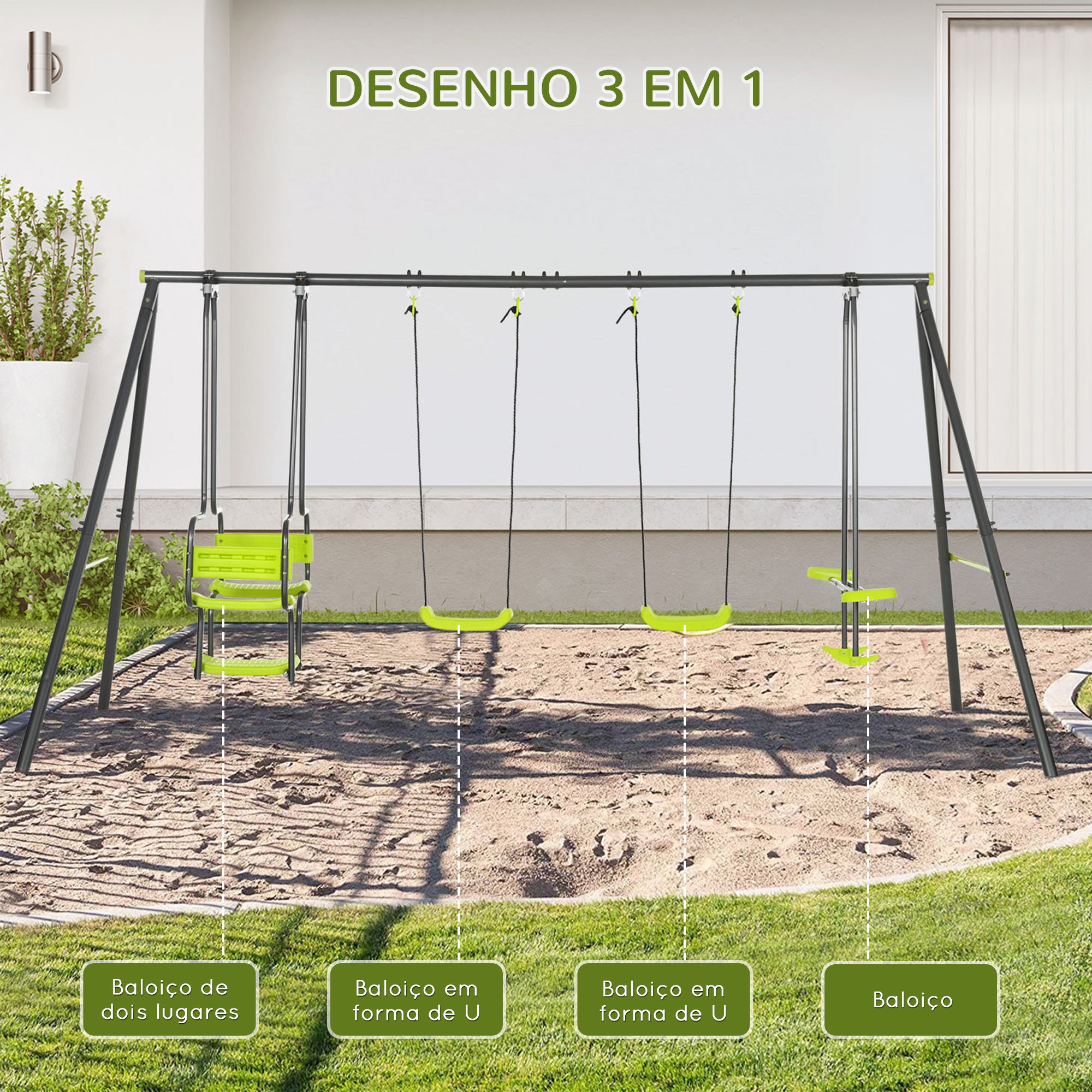 Baloiço Infantil – 355x184x186 cm – Verde – Aço e PE