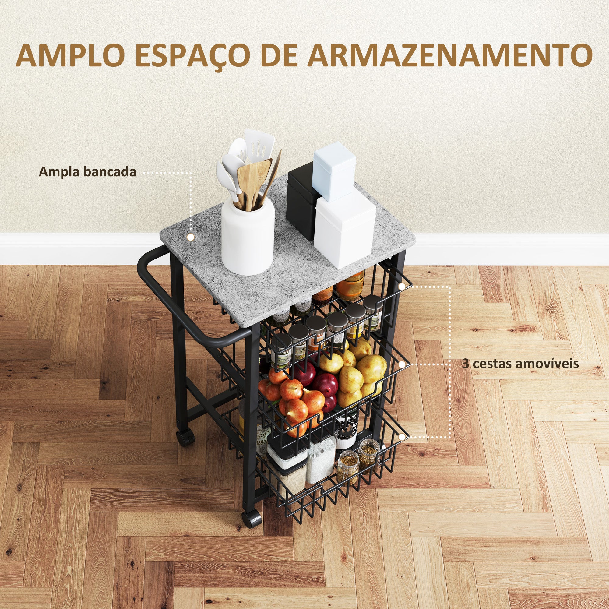 Carrinho de Cozinha – 49,5x31x69 cm – Cinza Claro – Aço revestido a pó e MDF