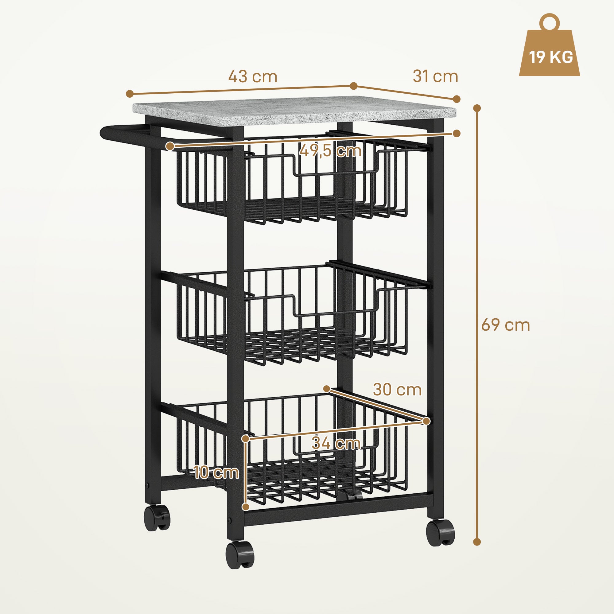 Carrinho de Cozinha – 49,5x31x69 cm – Cinza Claro – Aço revestido a pó e MDF