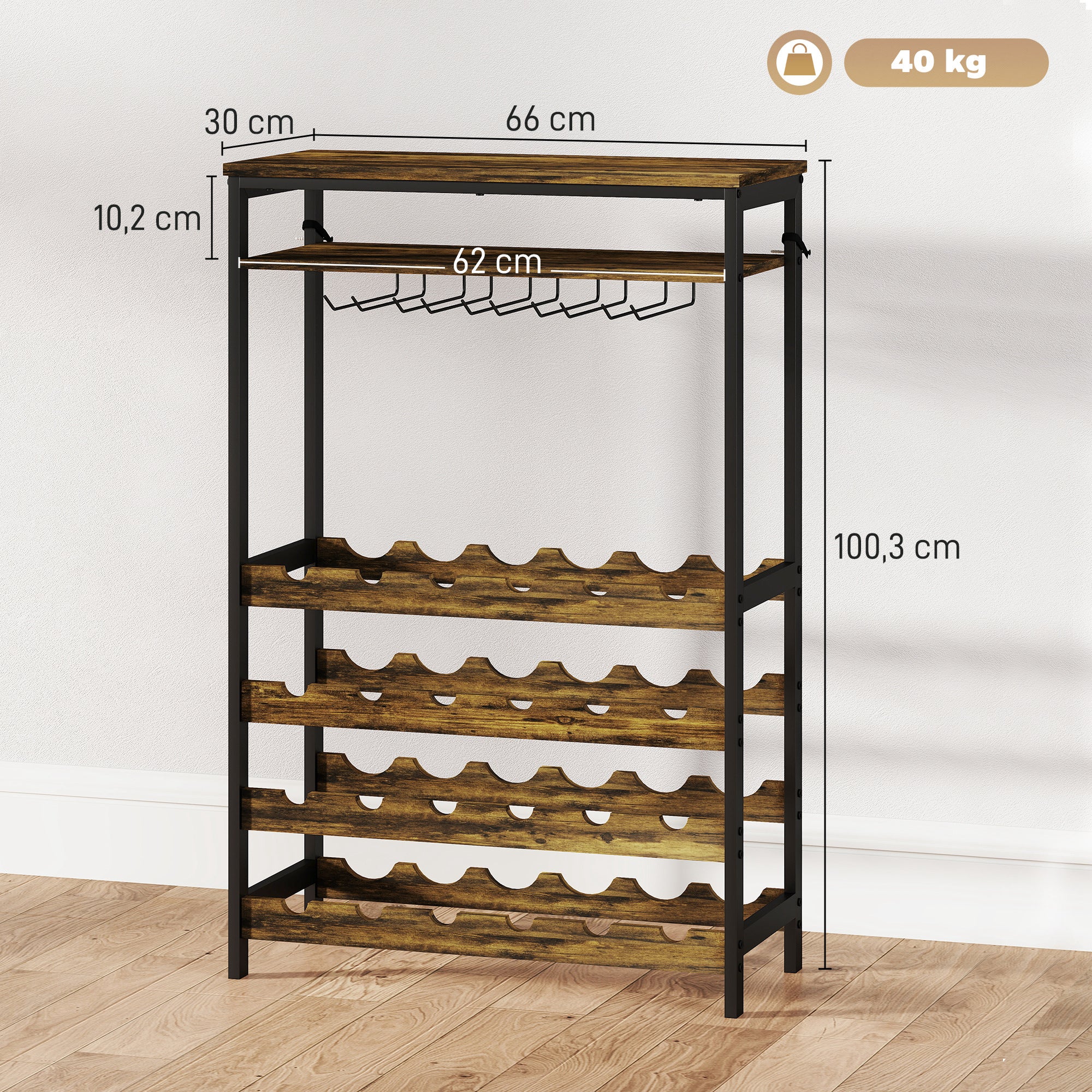 Suporte para Vinho para 24 Garrafas Estilo Industrial 66x30x100,3 cm - Castanho Rústico