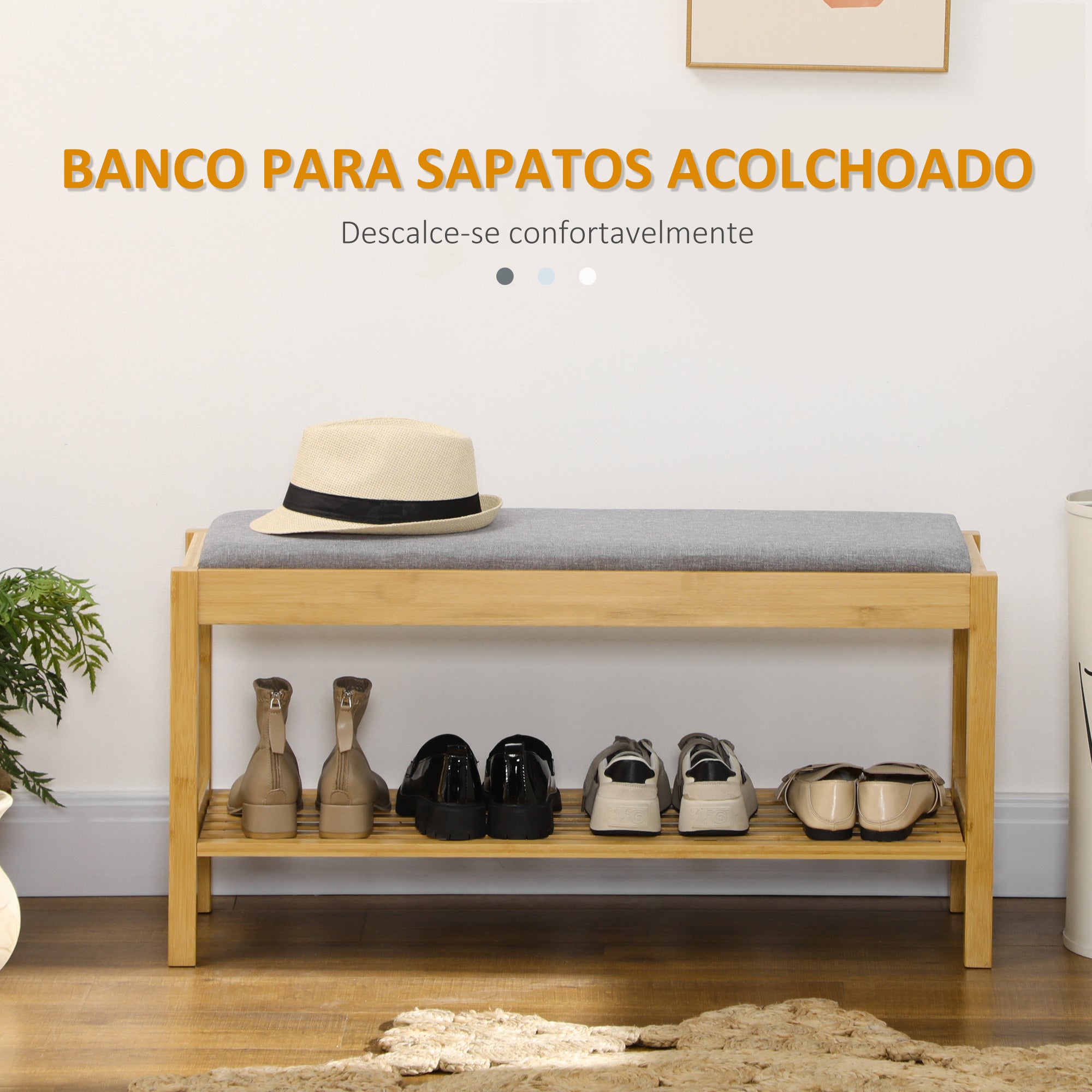 Banco Sapateira – 90x30x46 cm – Madeira e Cinza – Bambu
