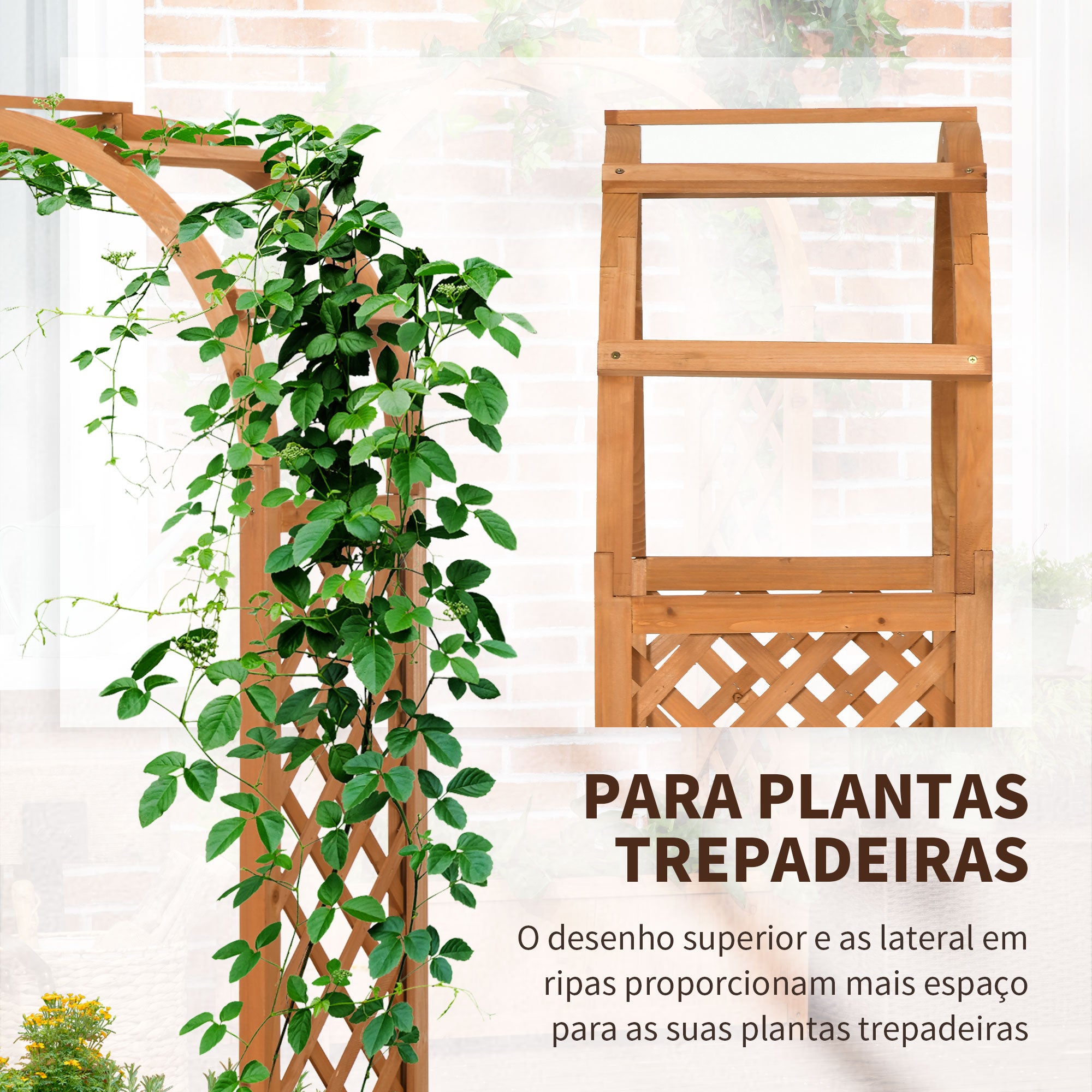Floreira com Treliça em Forma de Arco – 83x36x153cm – Cor de Madeira Natural – Madeira