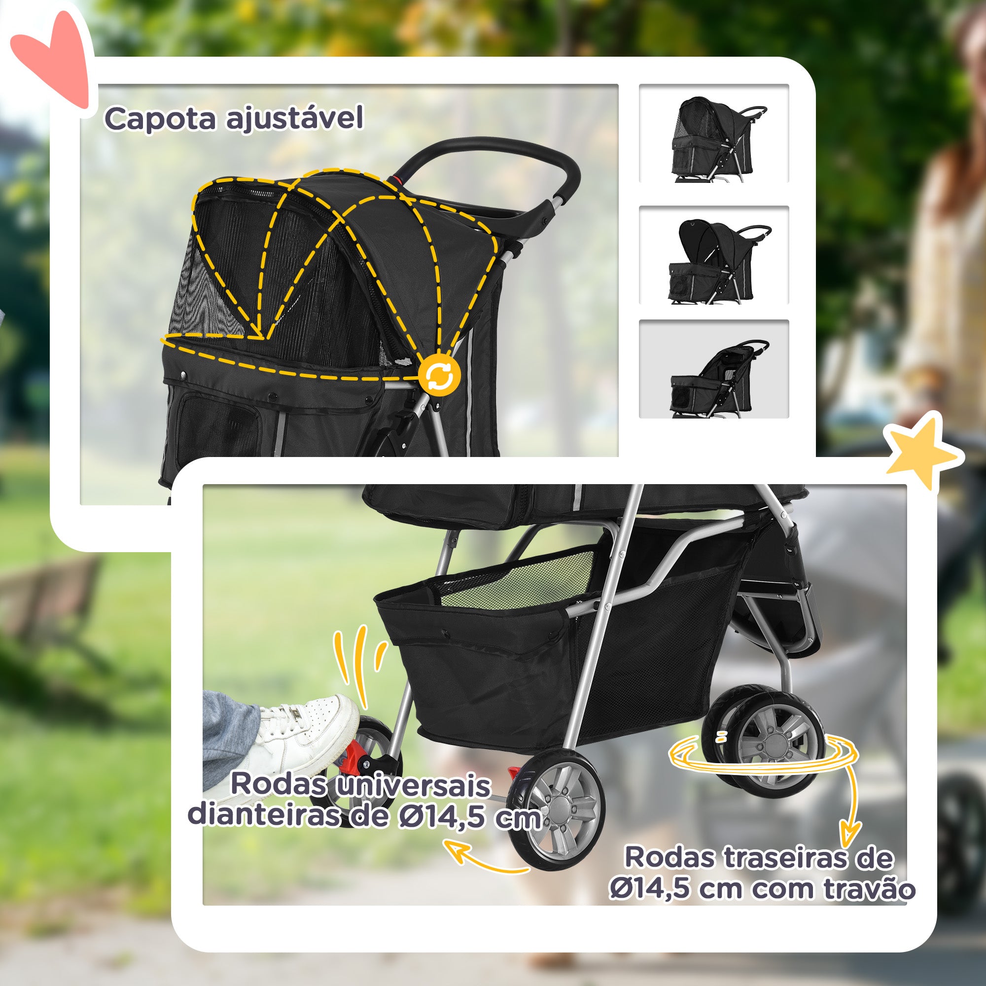 Carrinho para Animais de Estimação Dobrável – 75x45x97 cm – Preto – Aço e Tecido Oxford