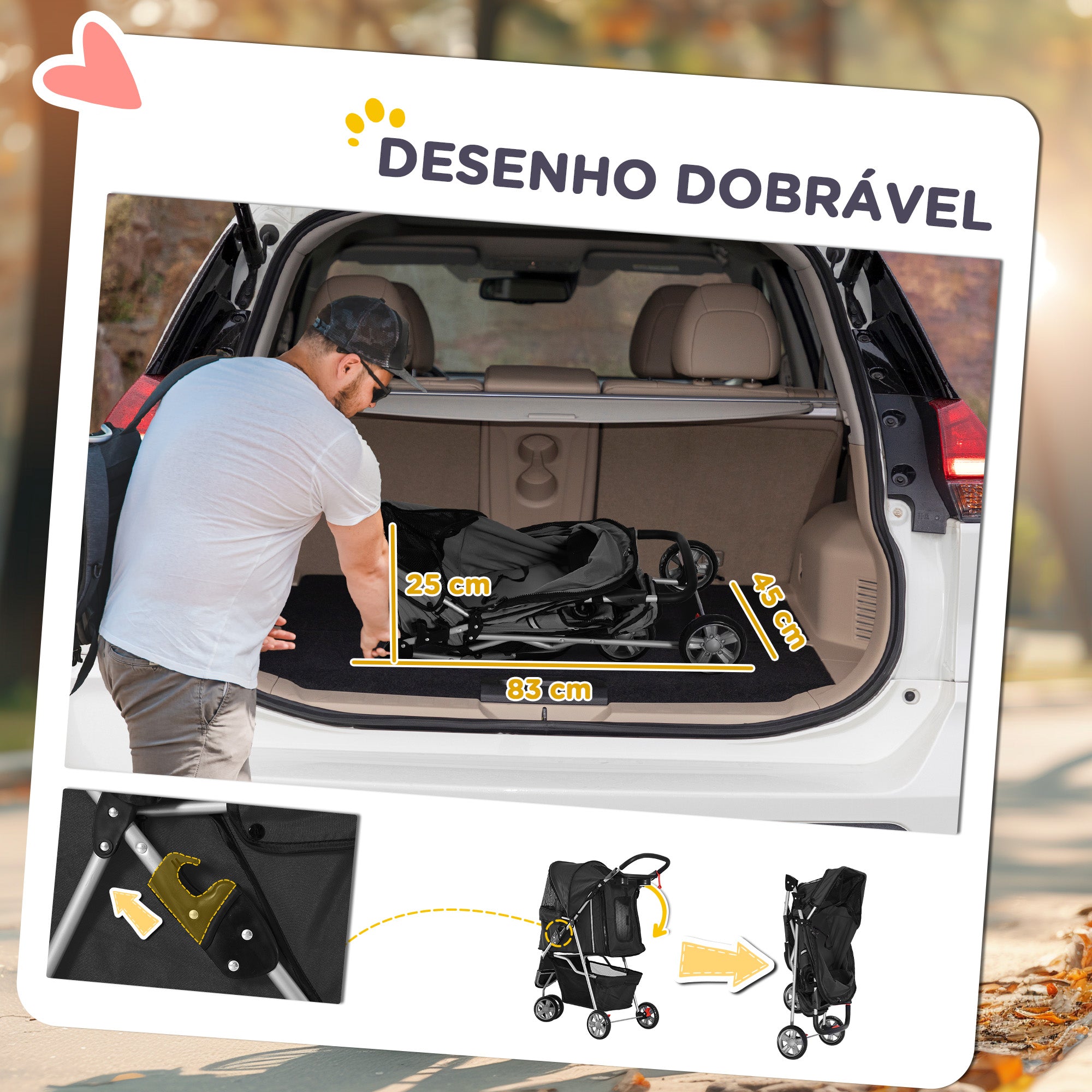Carrinho para Animais de Estimação Dobrável – 75x45x97 cm – Preto – Aço e Tecido Oxford