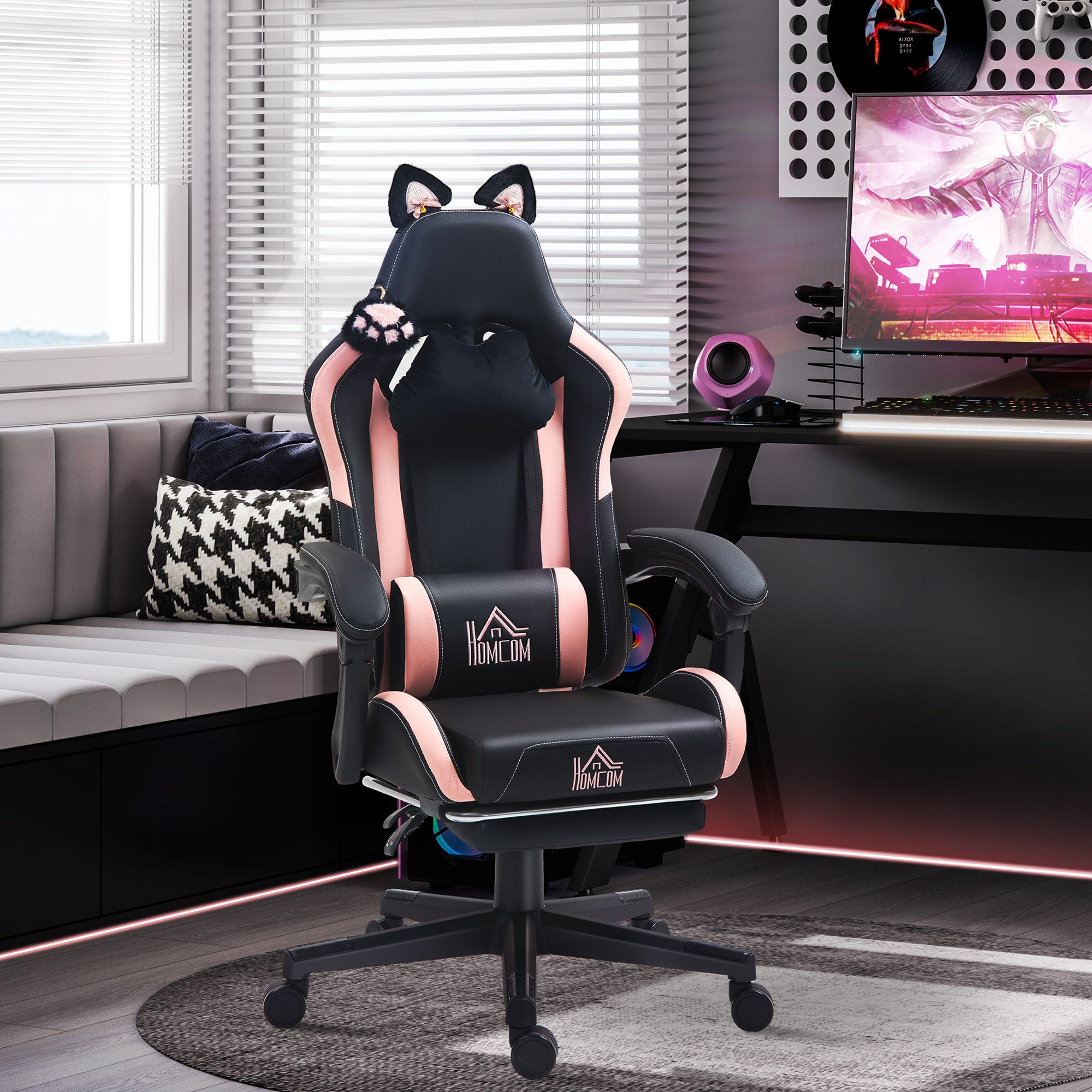 Cadeira de Gaming Reclinável com Orelhas e Apoio para os Pés - 65x62x116-124 cm (Preto)