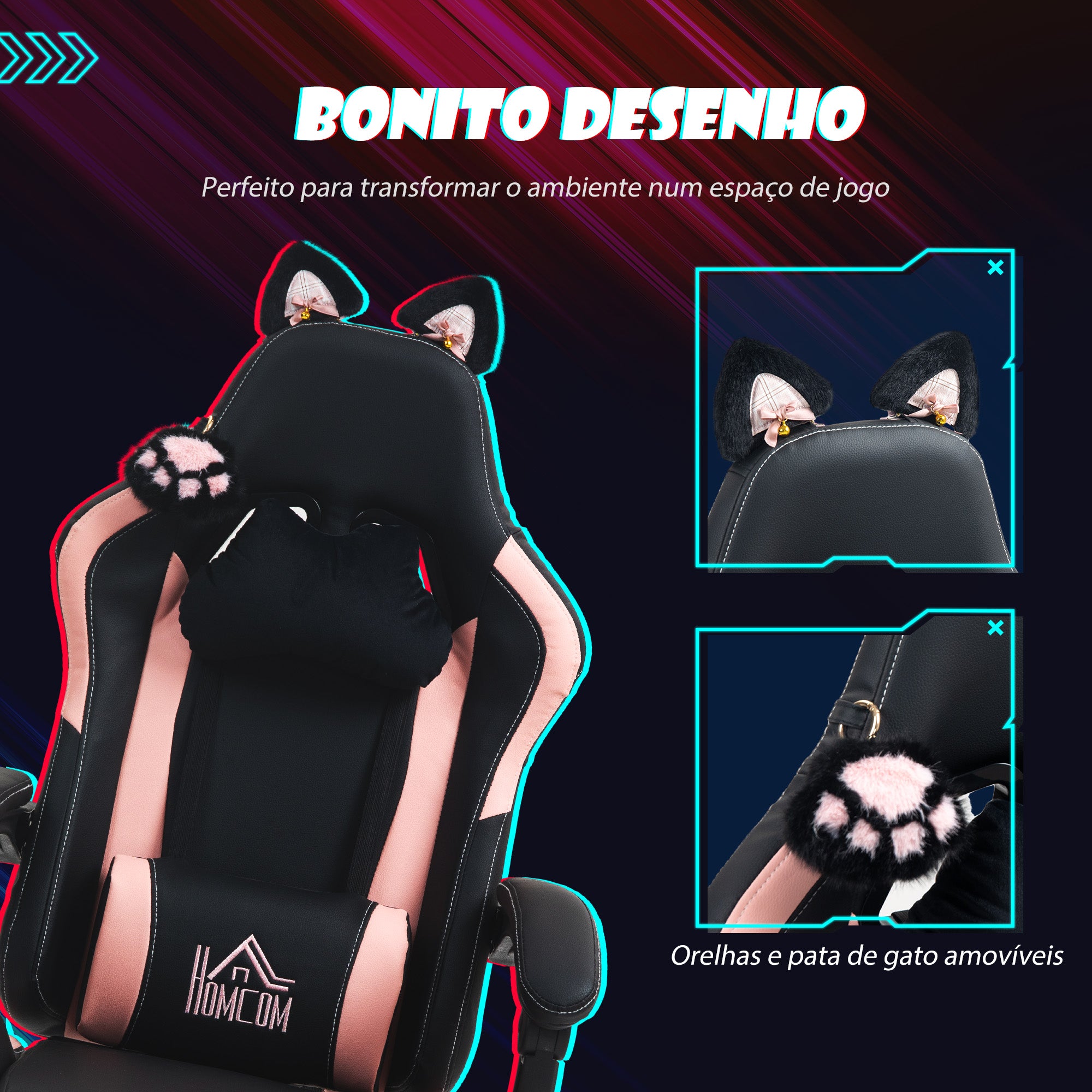 Cadeira de Gaming Reclinável com Orelhas e Apoio para os Pés - 65x62x116-124 cm (Preto)