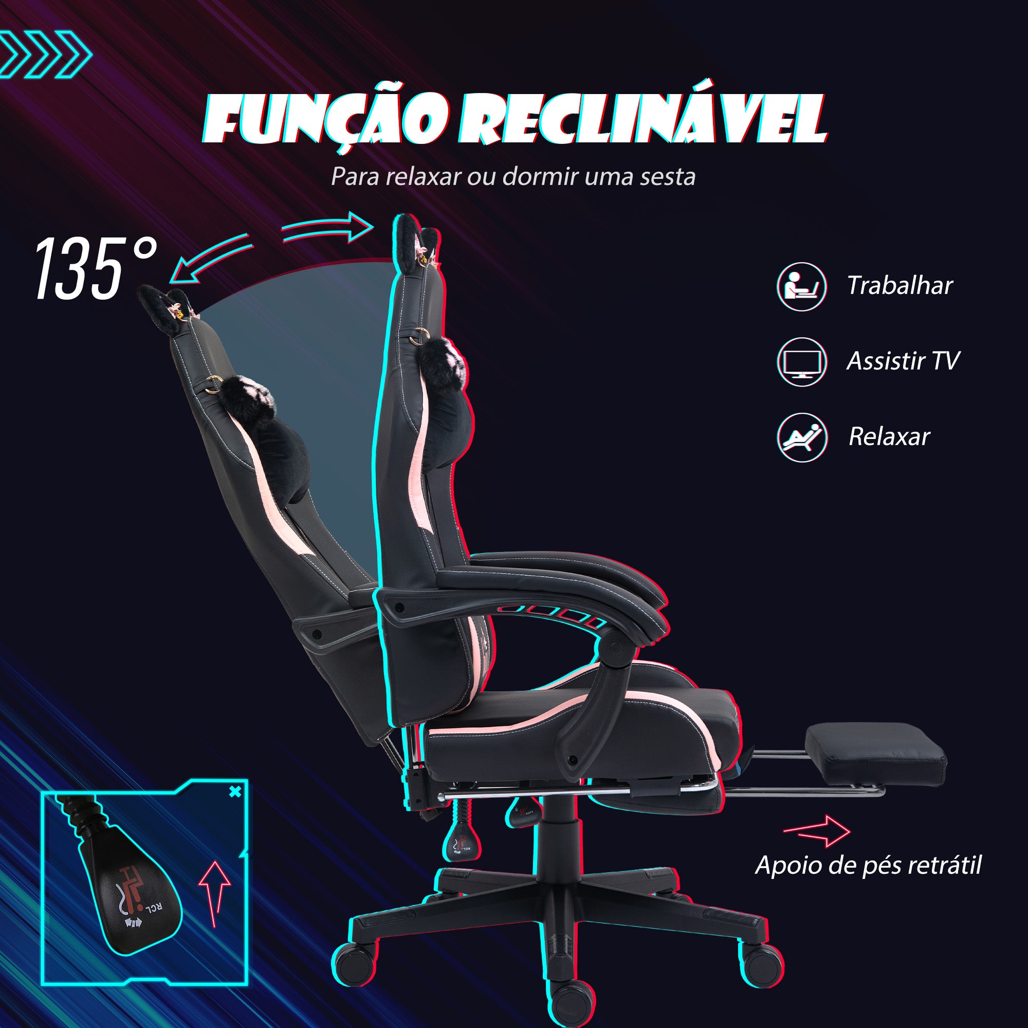Cadeira de Gaming Reclinável com Orelhas e Apoio para os Pés - 65x62x116-124 cm (Preto)