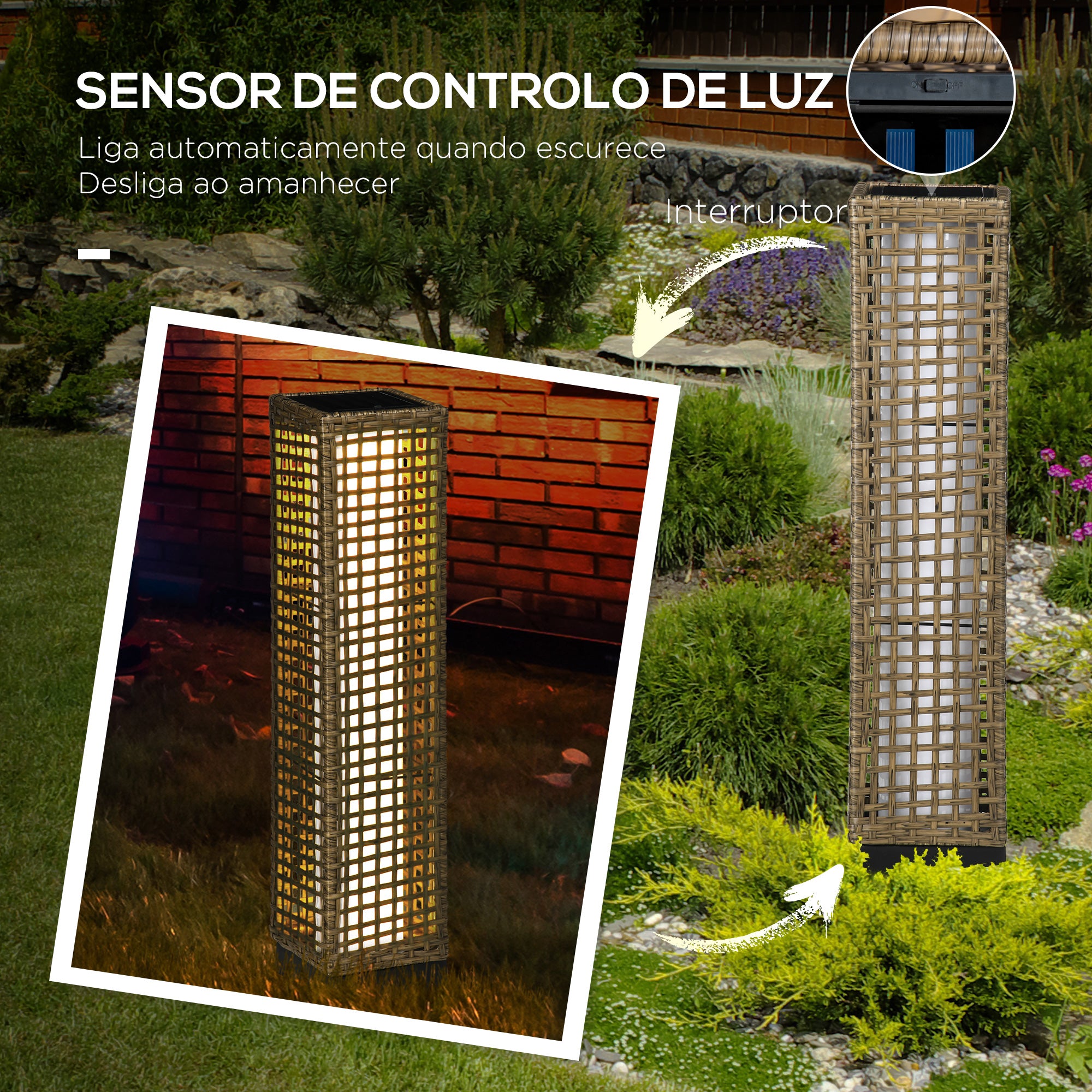 Candeeiro Solar de Jardim Vime Sintético 15,5x15,5x69cm Cor de Areia