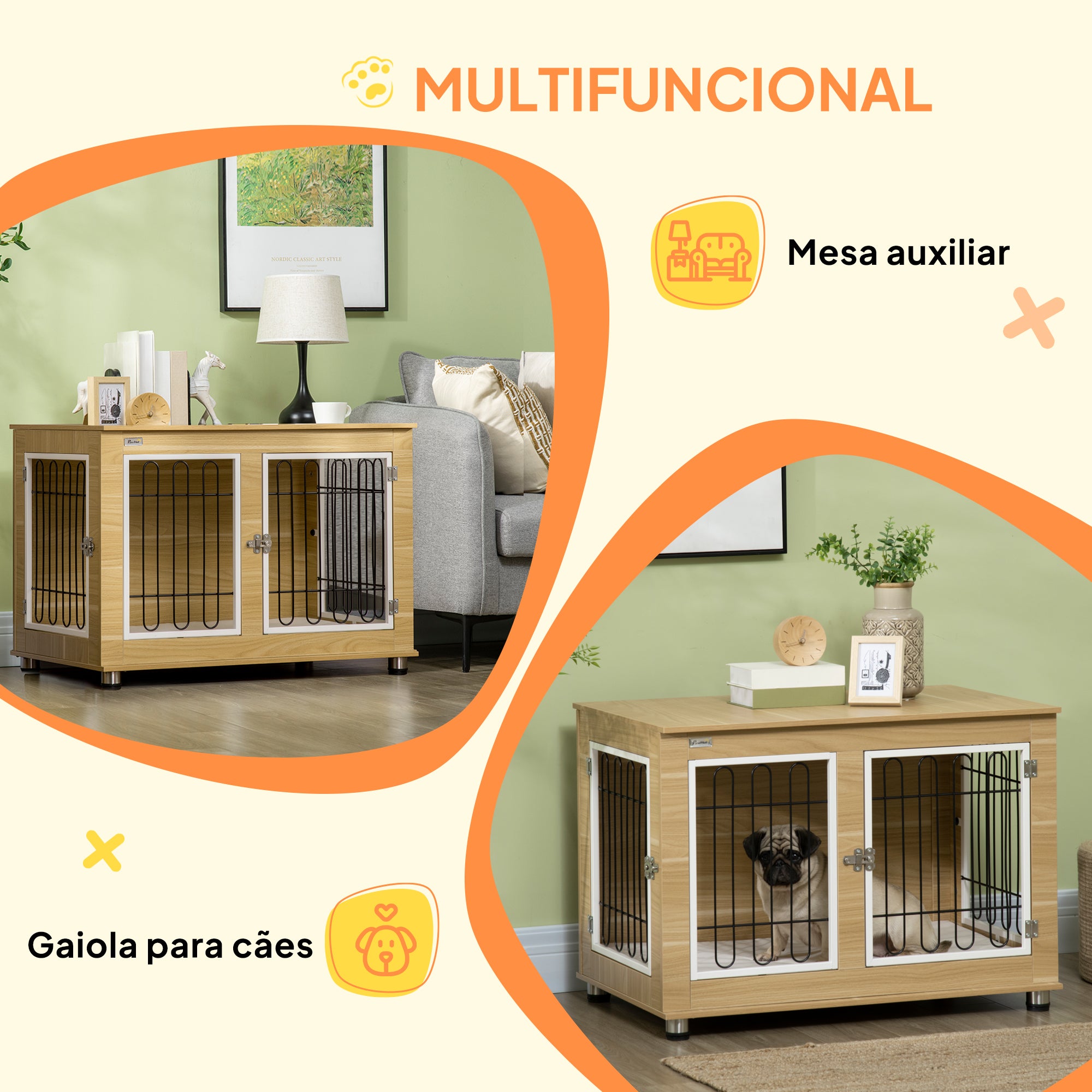 Gaiola para Cães Médios e Grandes 90x58x65 cm - Carvalho e Branco