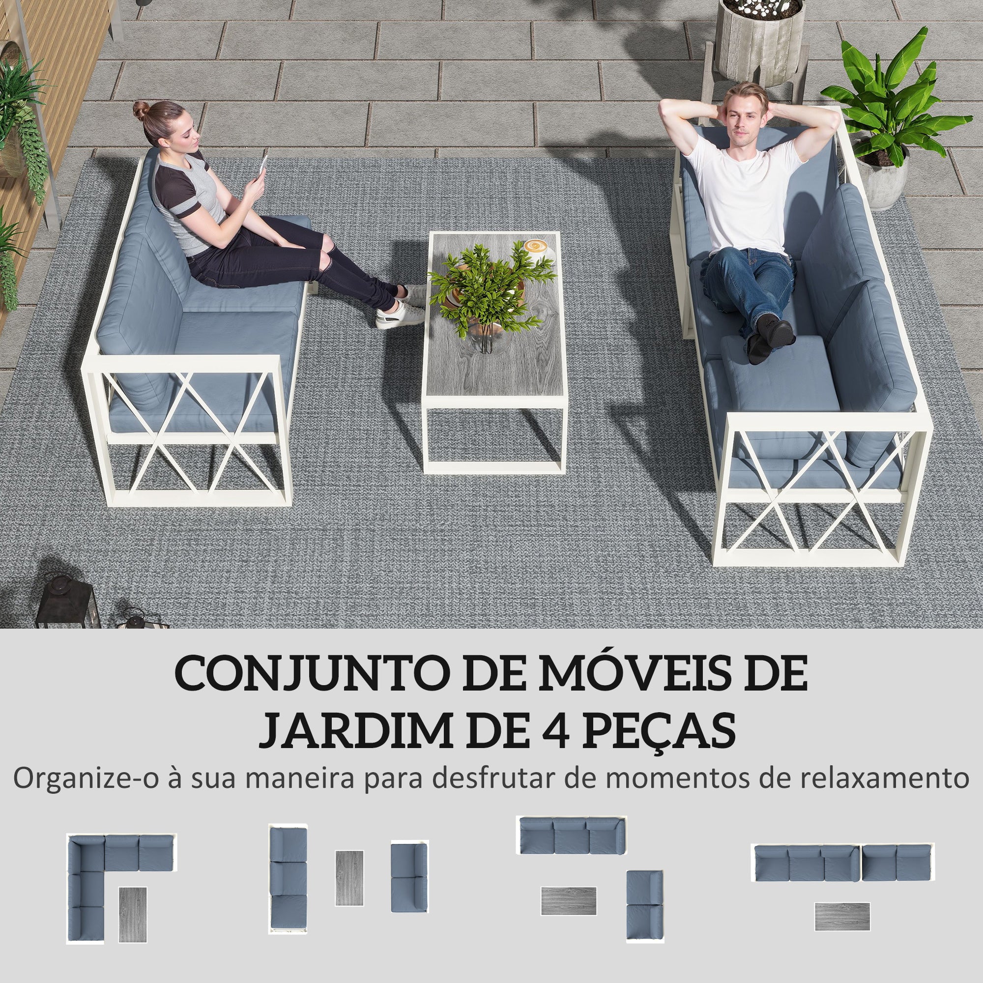 Conjunto de Jardim de 4 Peças em Forma de L - Cinzento 121x61x62 cm