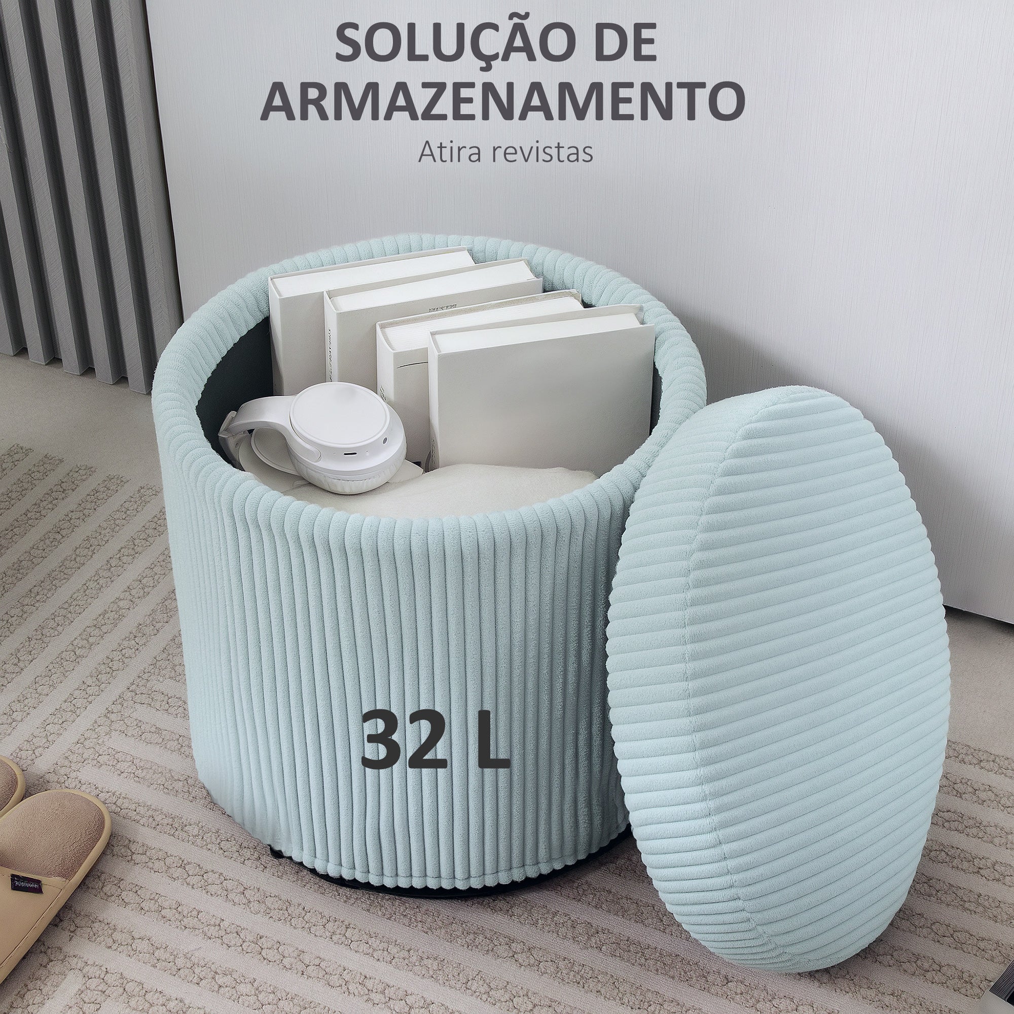 Puff de Arrumação Redondo Estofado em Veludo Cotelê Azul Claro Ø40x41 cm
