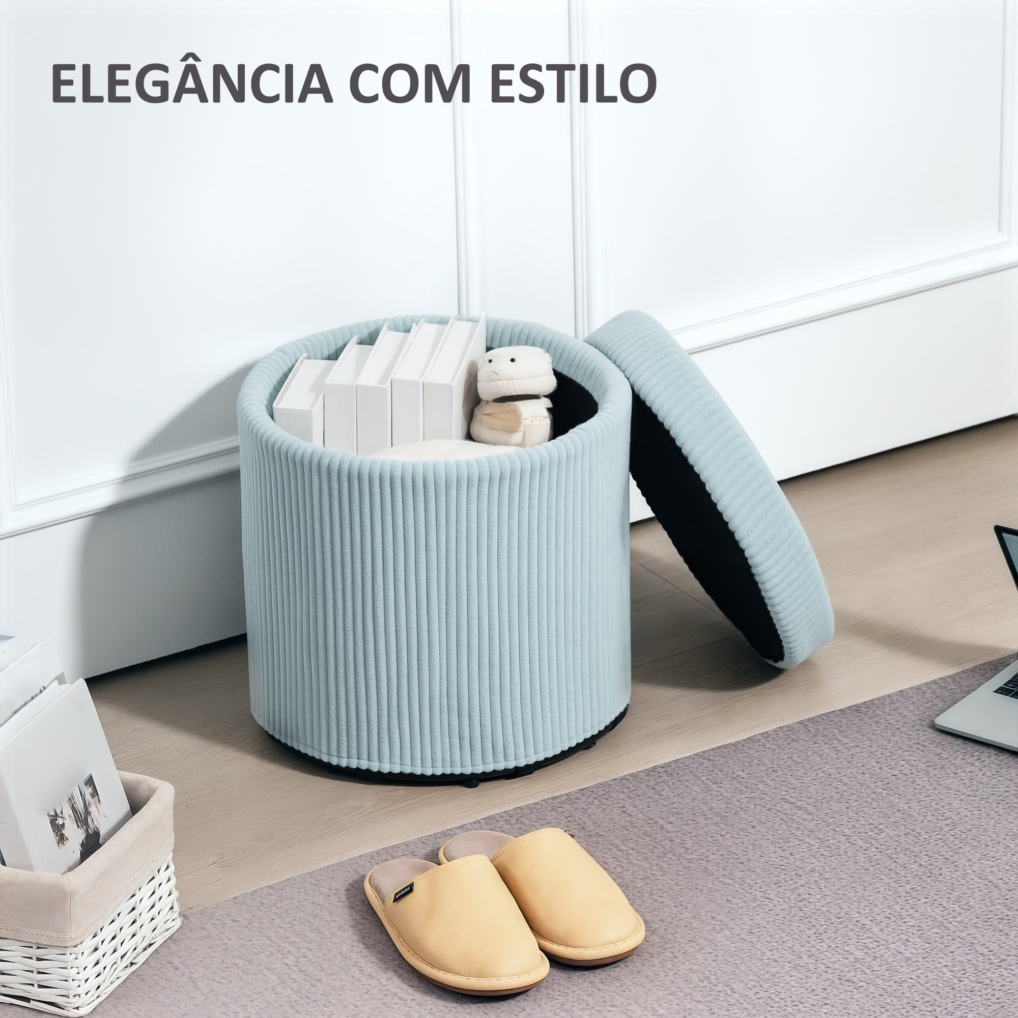 Puff de Arrumação Redondo Estofado em Veludo Cotelê Azul Claro Ø40x41 cm