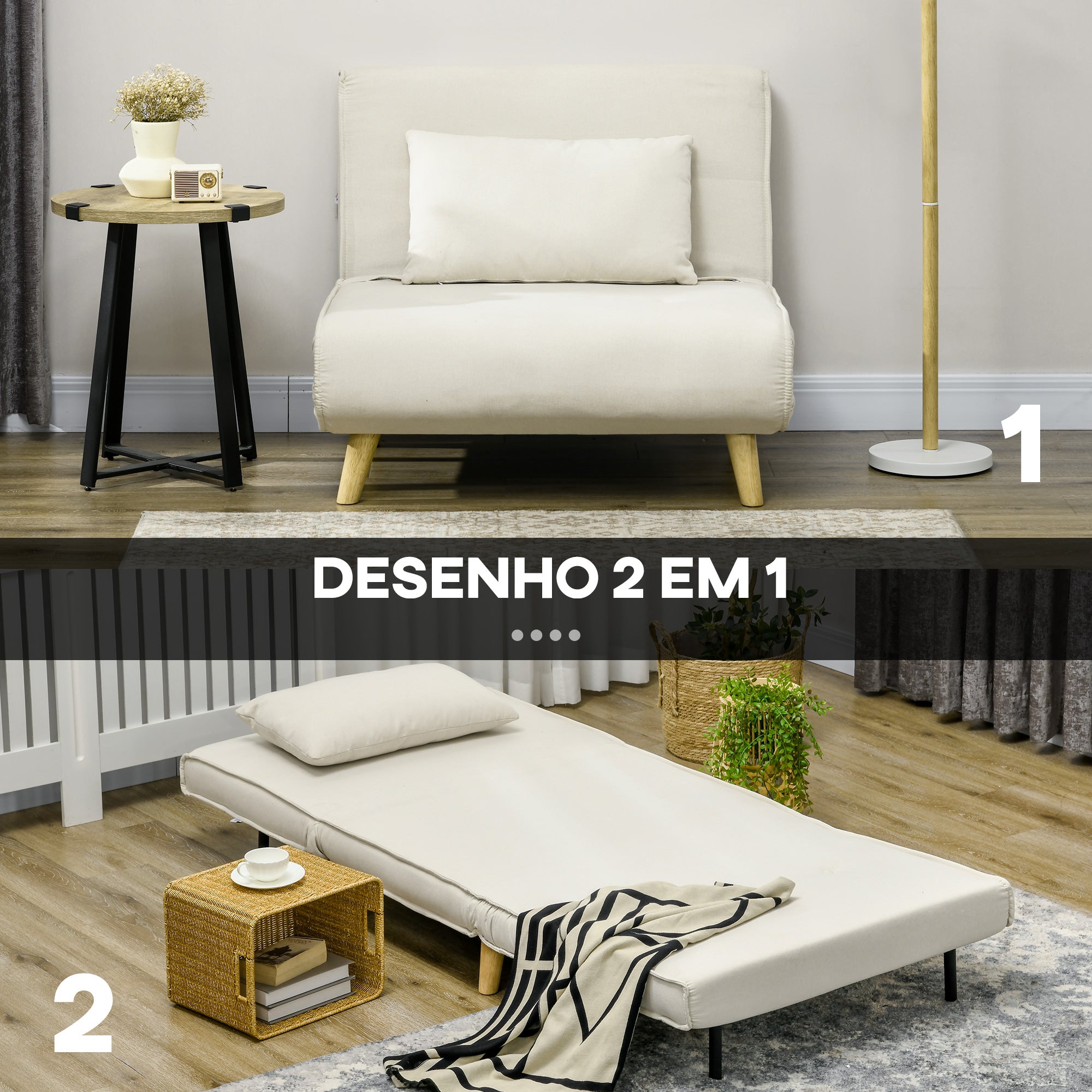 Poltrona Sofá Cama Individual – 90x78x79 cm – Bege – Metal e Tecido