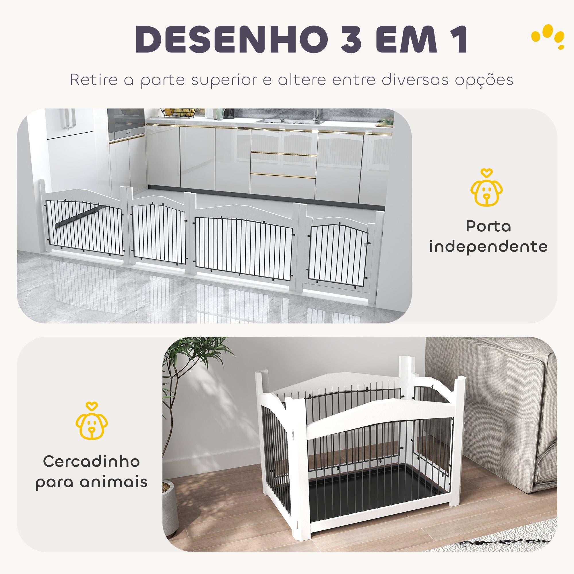 Gaiola para Cães Médios 3 em 1 – 82,5x57,5x59,5 cm – Branco – MDF e aço