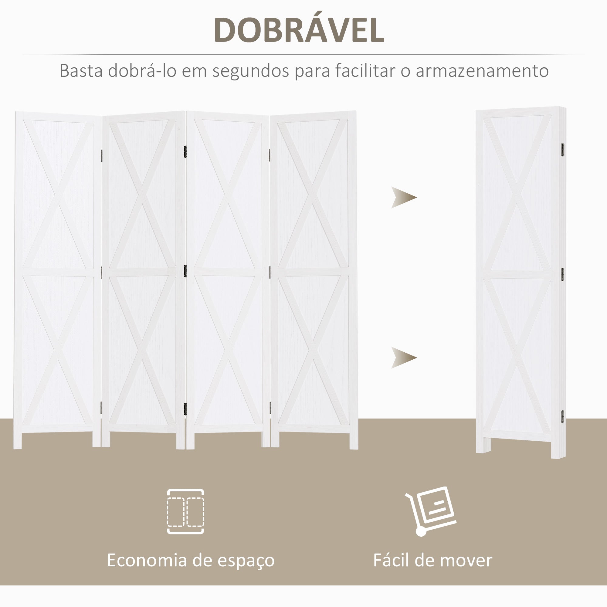 Biombo de 4 Painéis – 182x1.8x170 cm – Branco – Madeira Paulownia