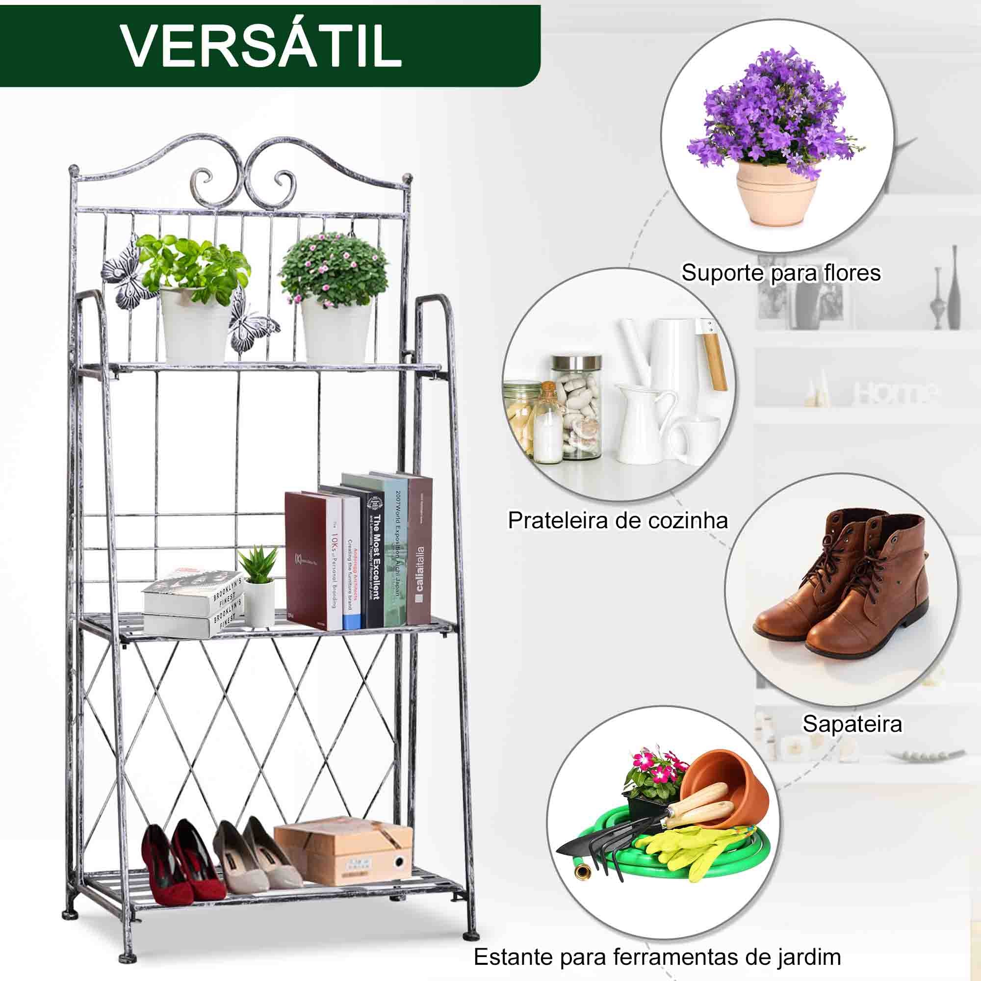 Suporte para Plantas de Metal 3 Níveis 44x25x96 cm Prata