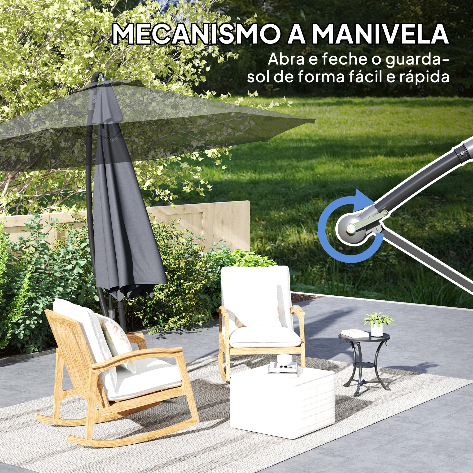 Chapéu de Sol Ø290x243 cm Cinzento para Jardim com Base Cruzada e Manivela