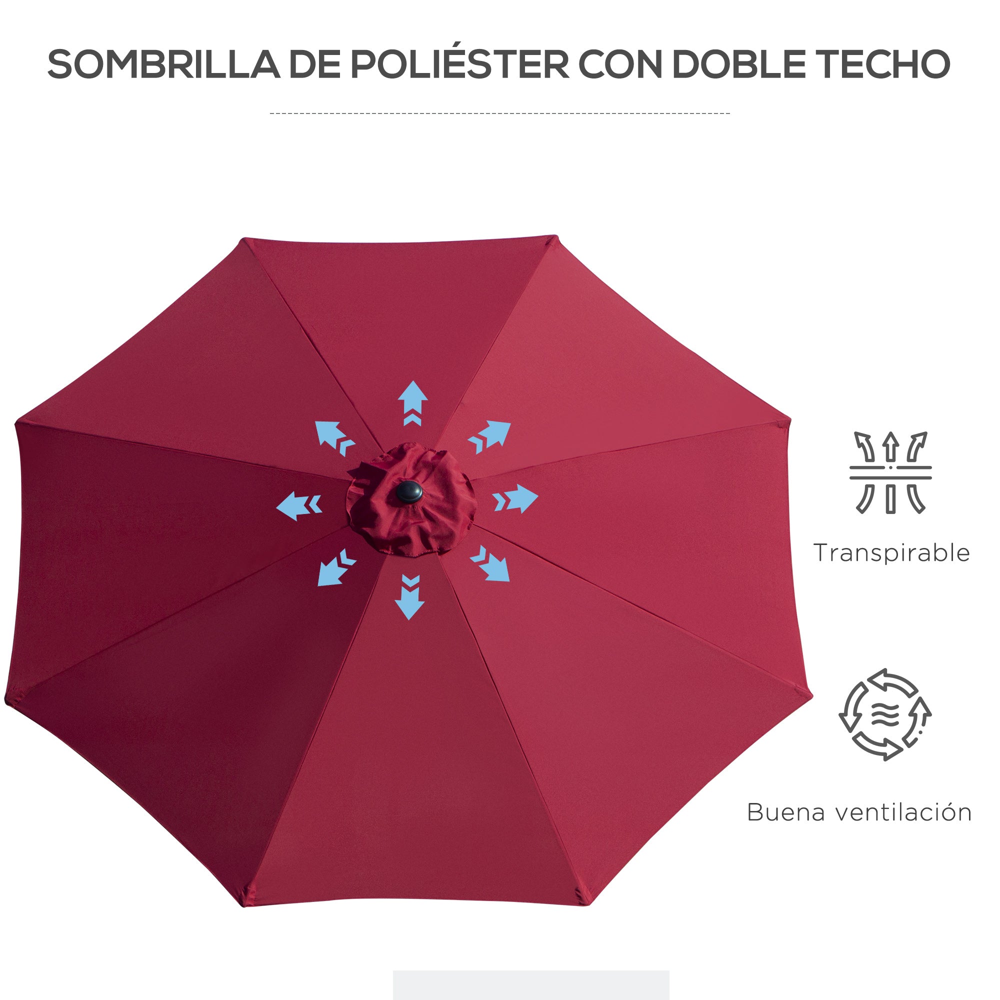 Chapéu de Sol Exterior Vermelho Ø295x250cm com Manivela e Mastro Desmontável