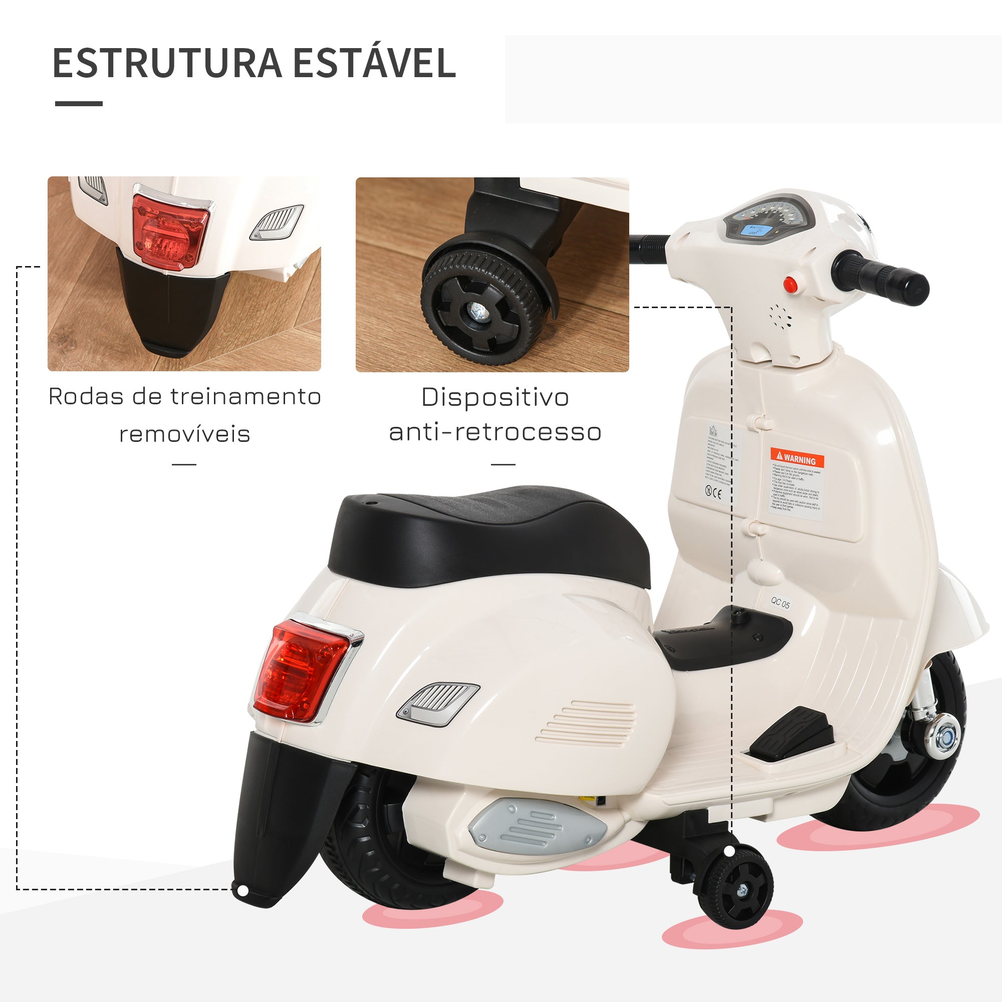 Mota Elétrica Infantil com 4 Rodas – 66,5x38x52 cm – Branco – PP e metal