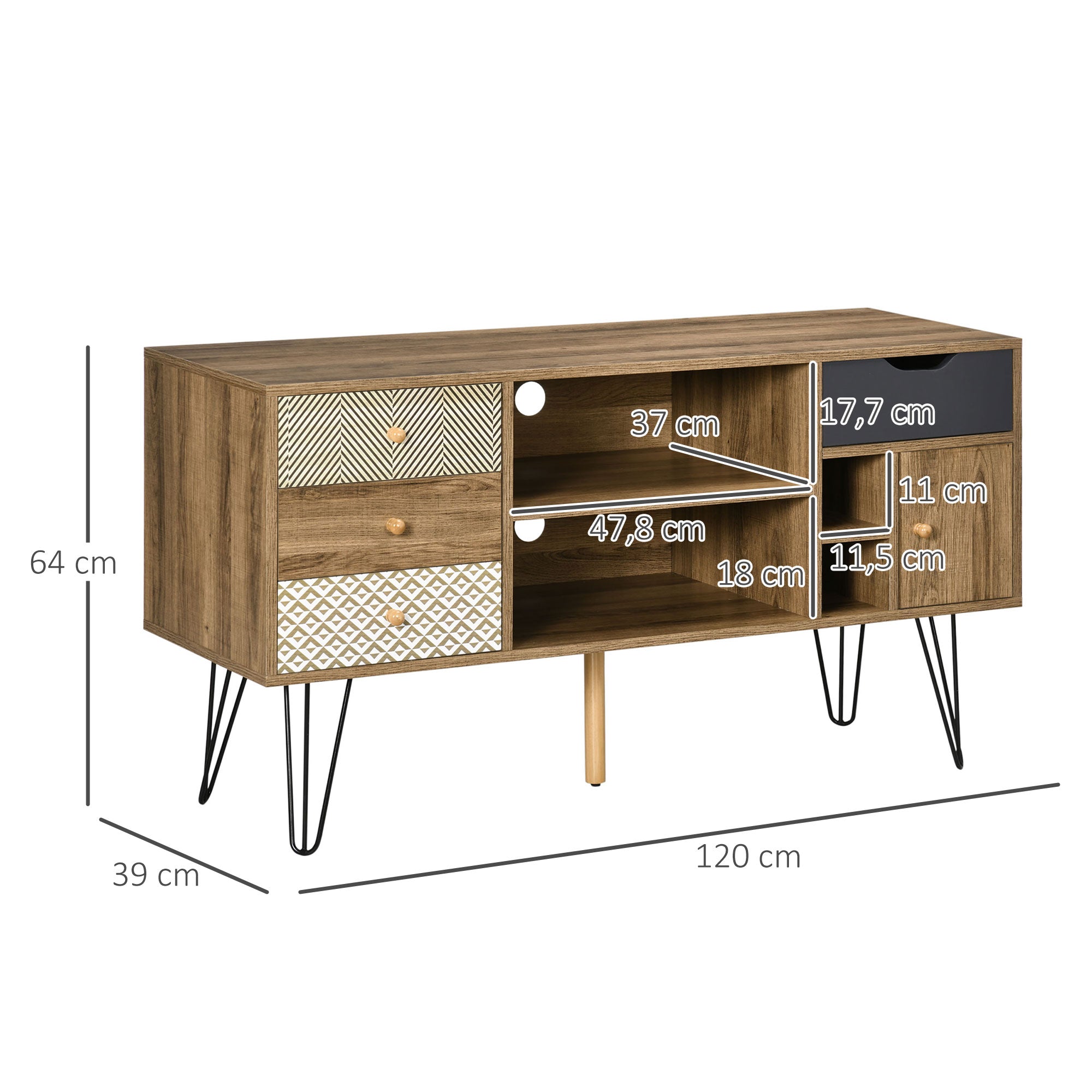 Móvel de TV com Prateleira de Armazenamento 4 Gavetas e Pés de Metal 120x39x64cm Marrom