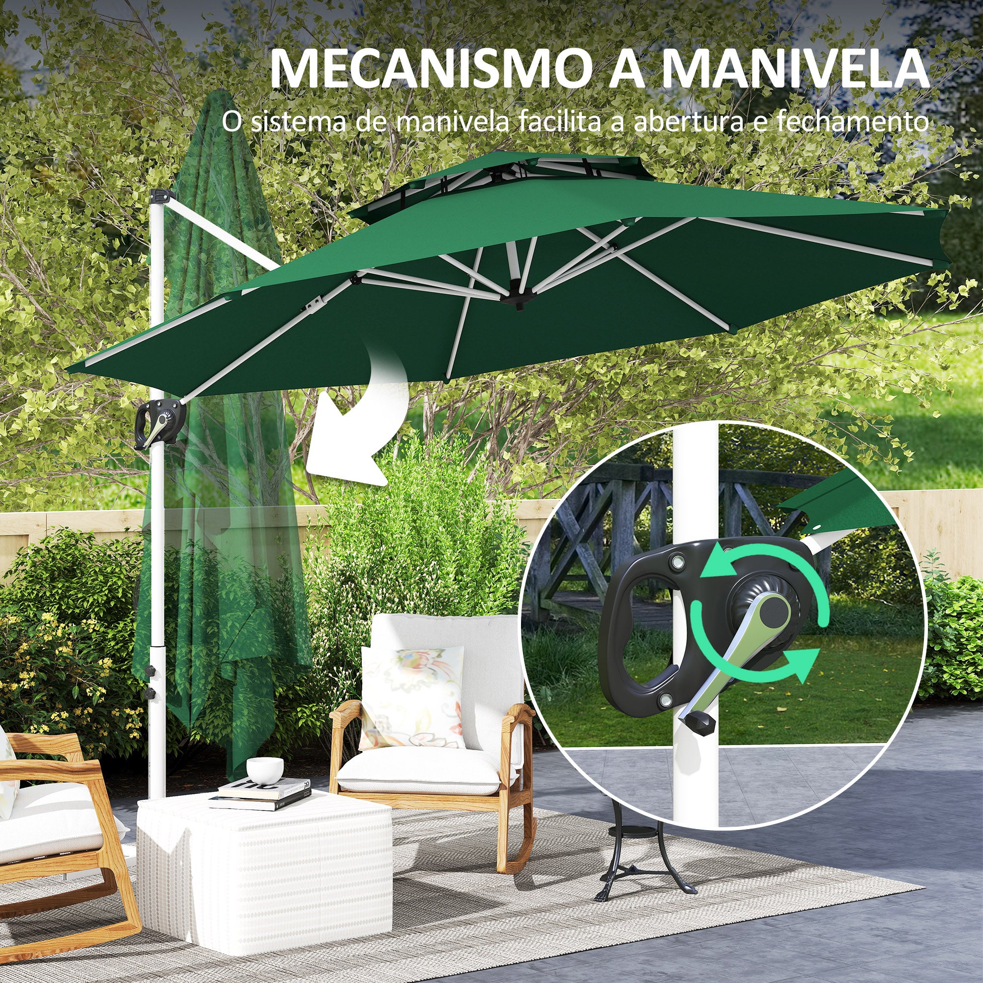Chapéu de Sol Verde Escuro Ø292x247 cm com Manivela Rotativa 360°