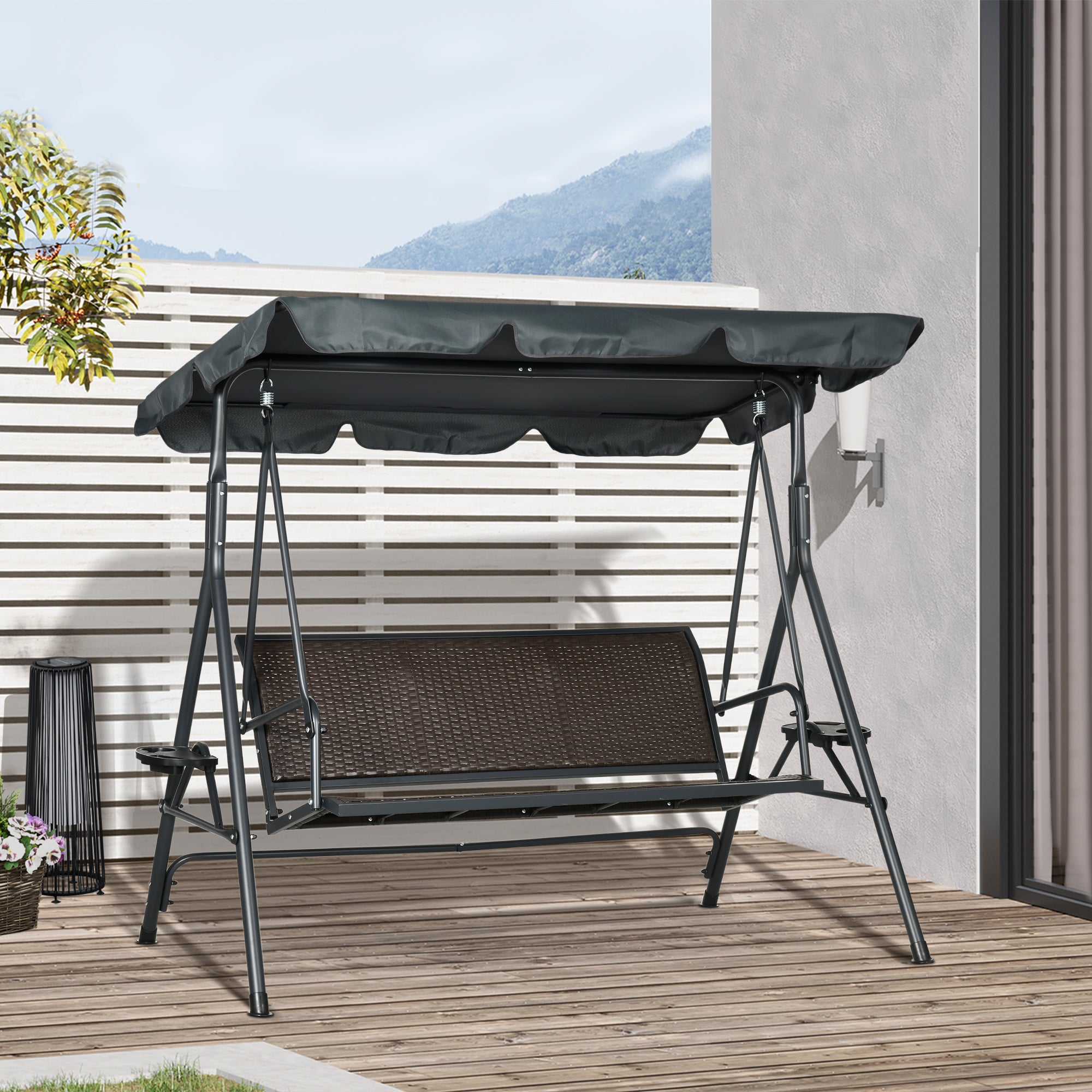 Baloiço de Jardim 3 Lugares – 204x112x150 cm – Cinza e Marrom – Aço
