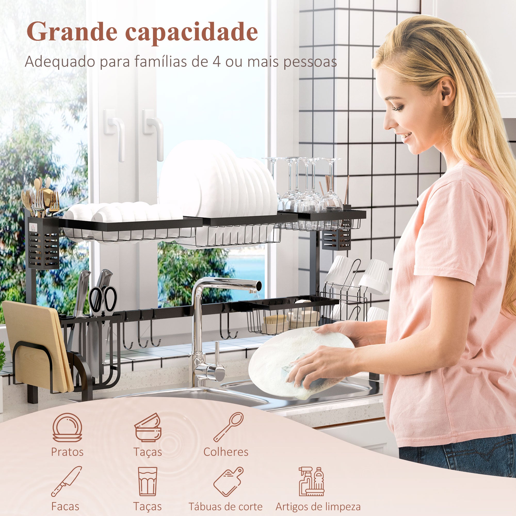 Escorredor de Louça de 2 Níveis – 100x30x52,5cm – Cor Preto – Aço