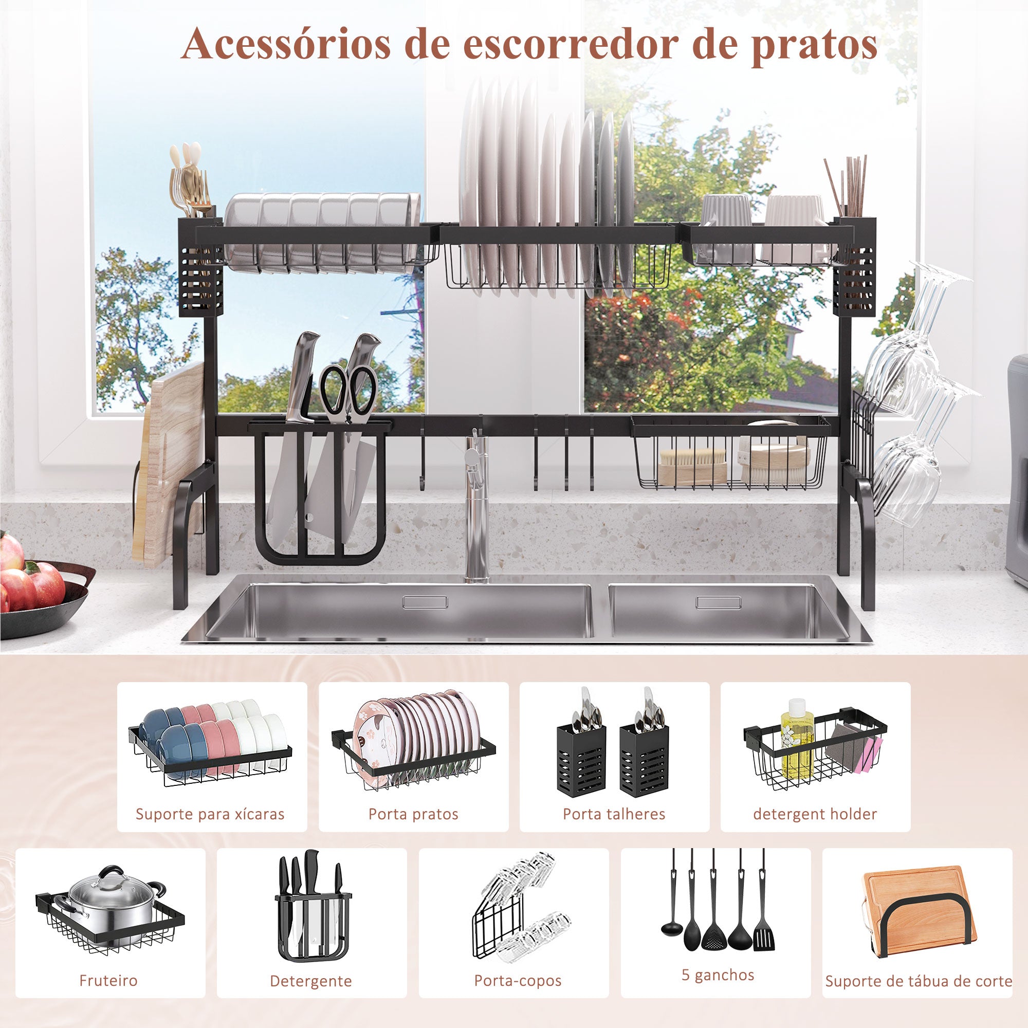 Escorredor de Louça de 2 Níveis – 100x30x52,5cm – Cor Preto – Aço