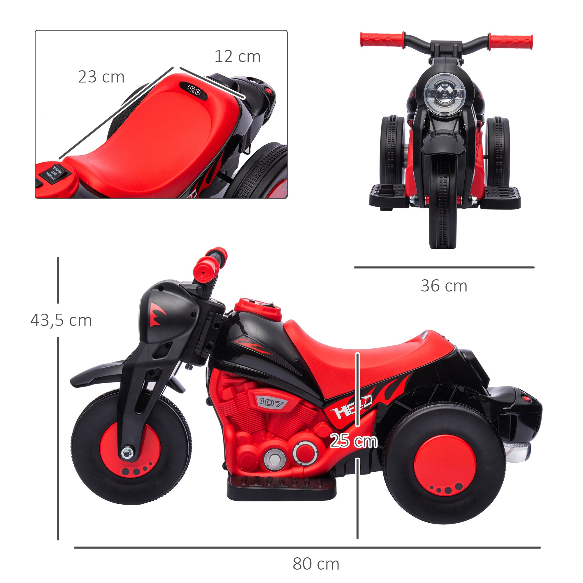 Mota Elétrica Infantil – 80x36x43,5 cm – Vermelha e Preta – PP e metal