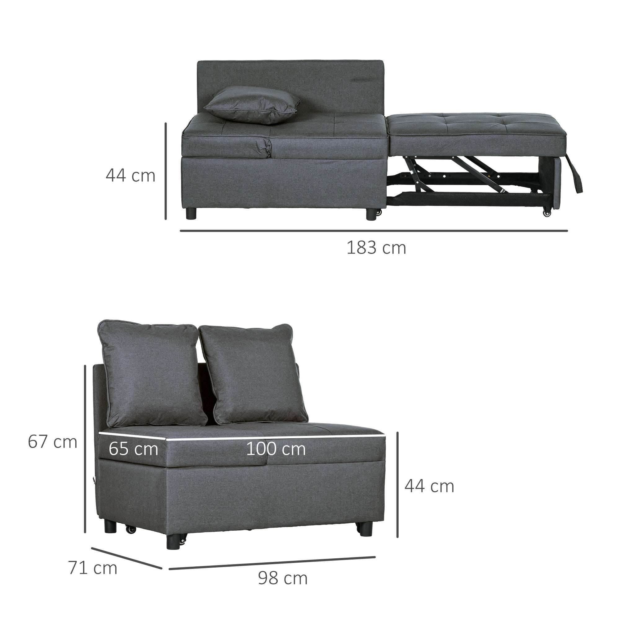 Sofá Cama 3 em 1 65x98x69 cm Cinzento