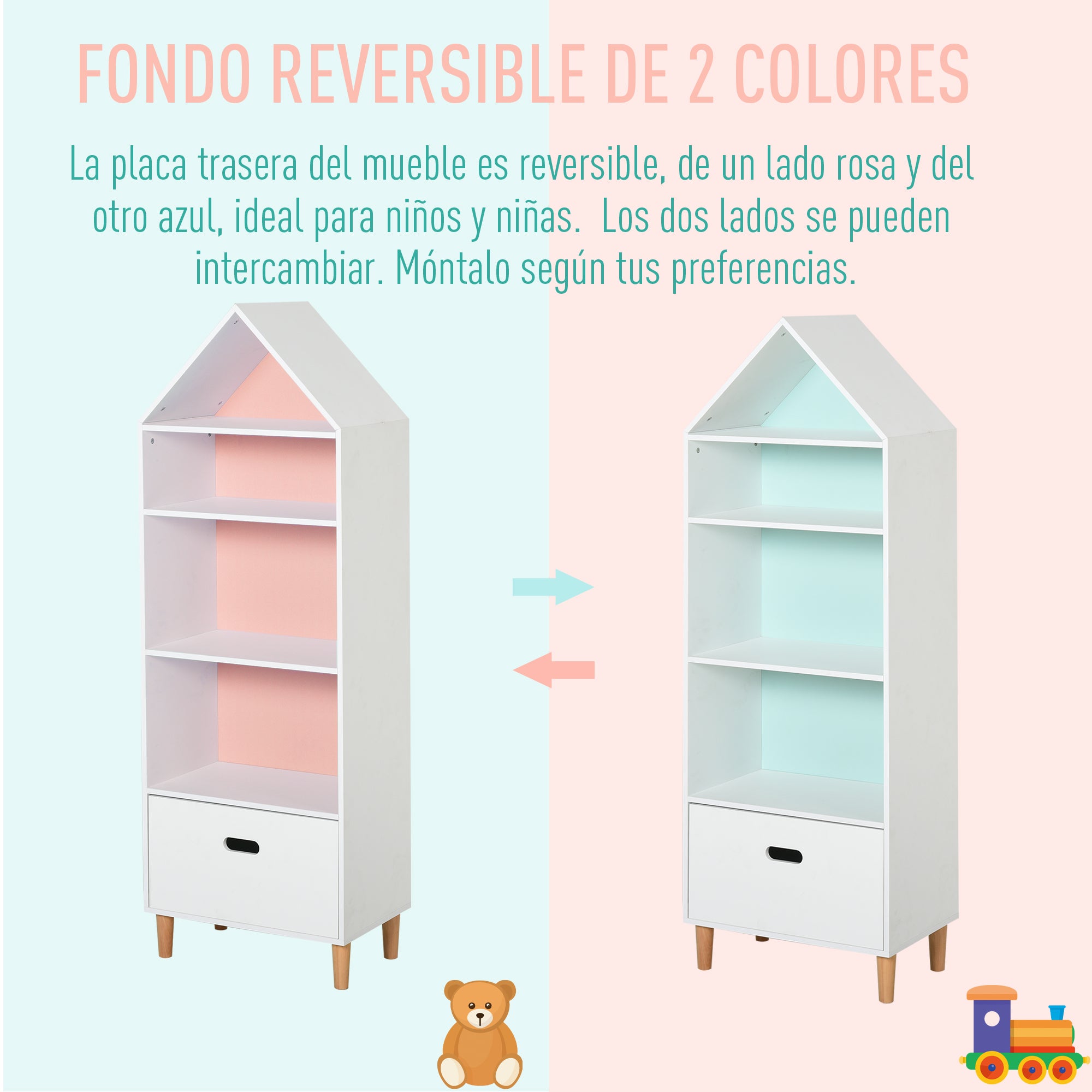 Estante Infantil de Madeira para Crianças com 4 Prateleiras e Gaveta - 50x30x142 cm (Branco)