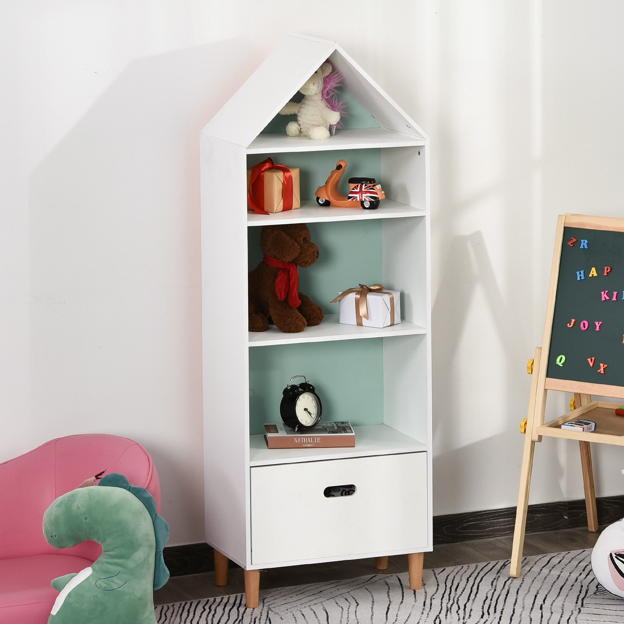 Estante Infantil de Madeira para Crianças com 4 Prateleiras e Gaveta - 50x30x142 cm (Branco)
