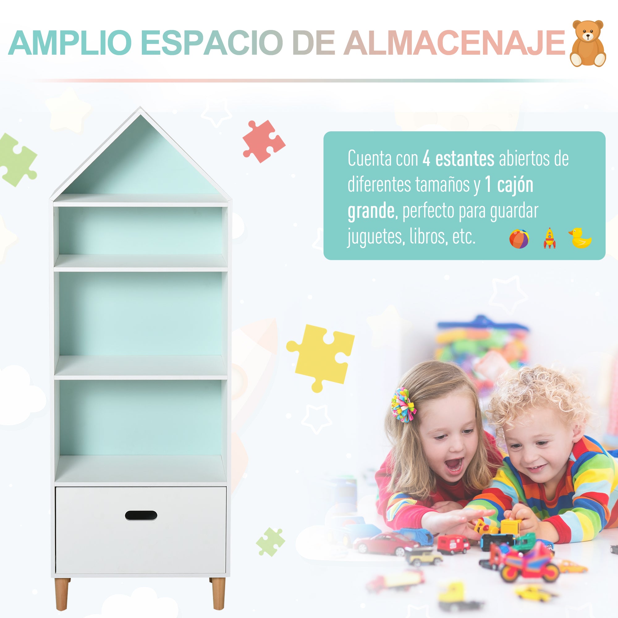 Estante Infantil de Madeira para Crianças com 4 Prateleiras e Gaveta - 50x30x142 cm (Branco)