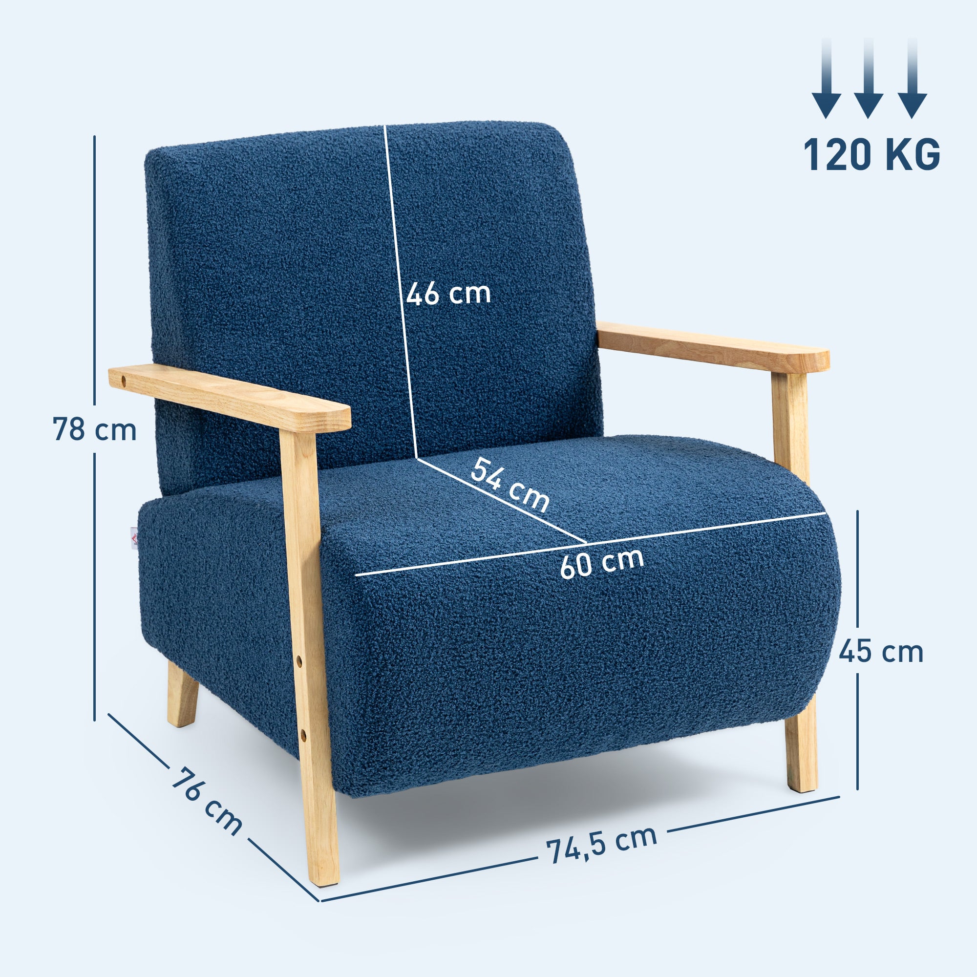 Poltrona Estofada em Borrego Azul 74,5x76x78 cm