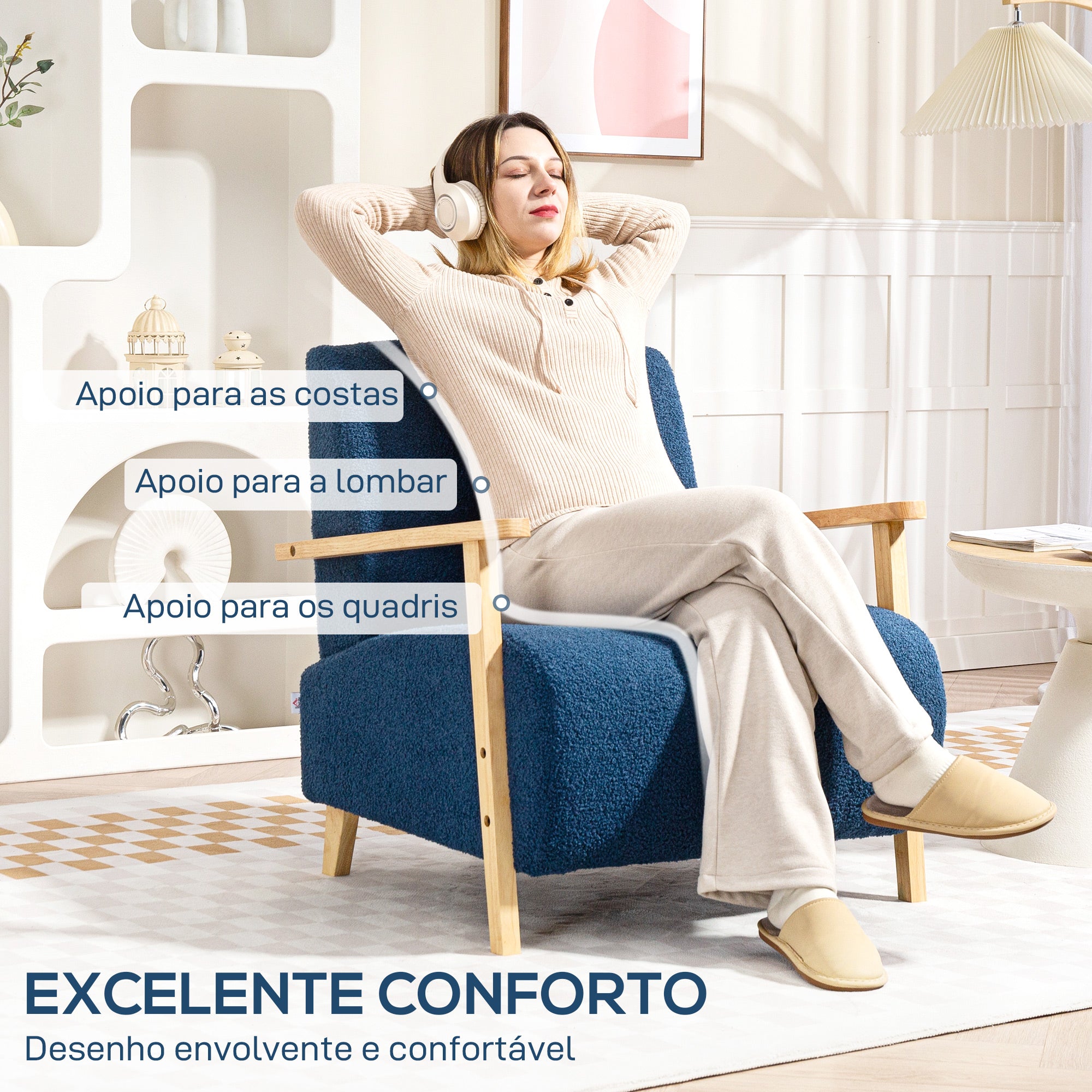 Poltrona Estofada em Borrego Azul 74,5x76x78 cm