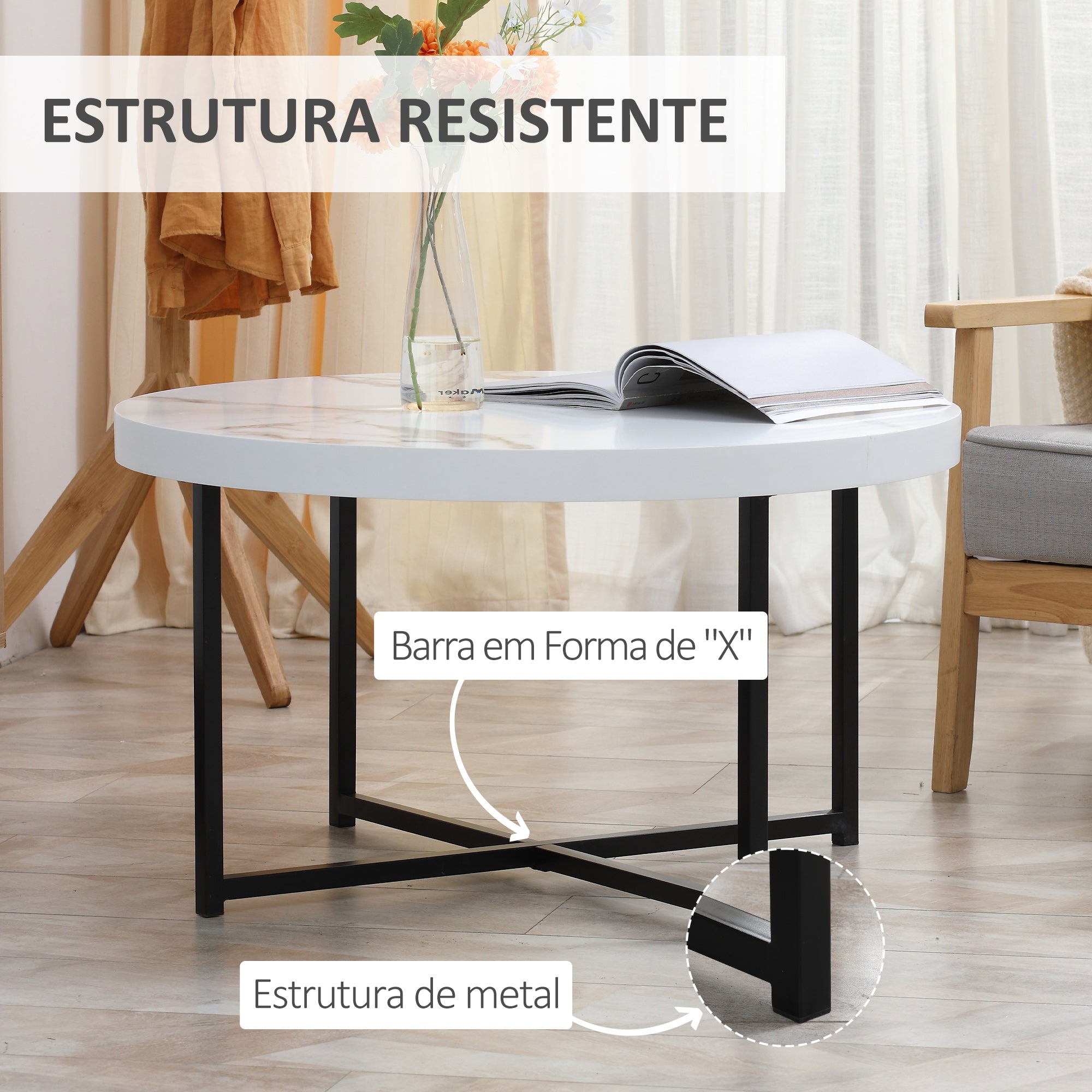 Mesa de Centro Redonda Elegante 80x80x45 cm - Branco e Preto