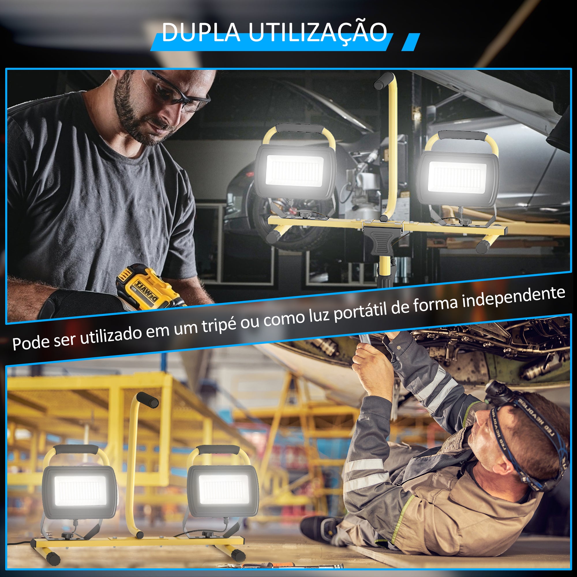 Projetor LED Duplo Recarregável – 77x68x170 cm – Amarelo – Alumínio e metal