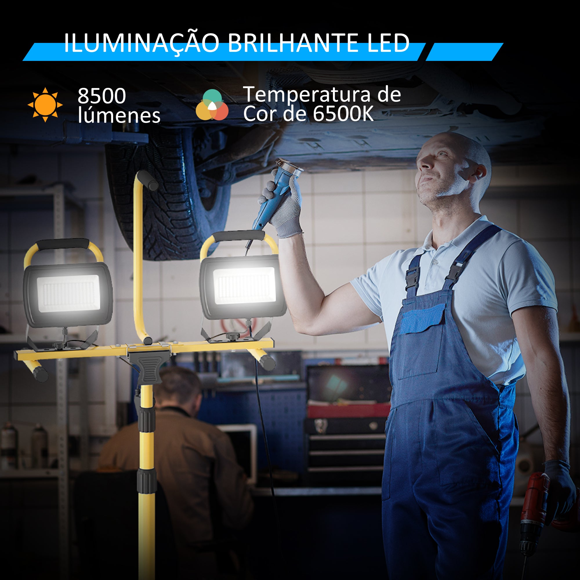 Projetor LED Duplo Recarregável – 77x68x170 cm – Amarelo – Alumínio e metal