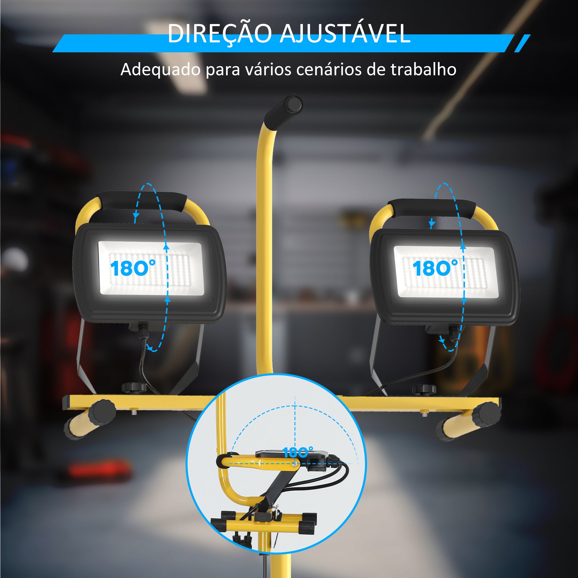 Projetor LED Duplo Recarregável – 77x68x170 cm – Amarelo – Alumínio e metal
