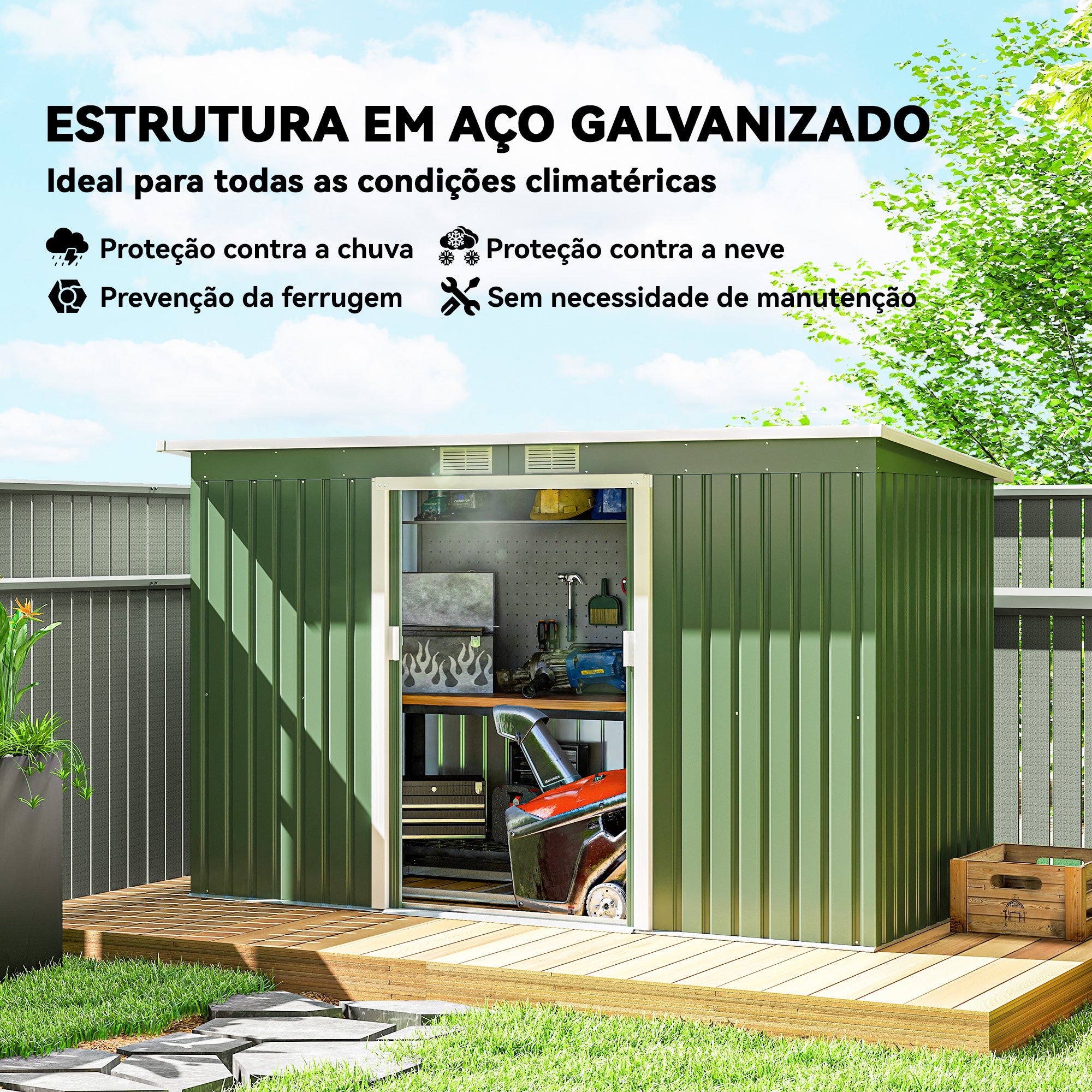 Abrigo de Jardim Verde 280x130x172cm em Aço Galvanizado com Porta Corrediça e Ventilações