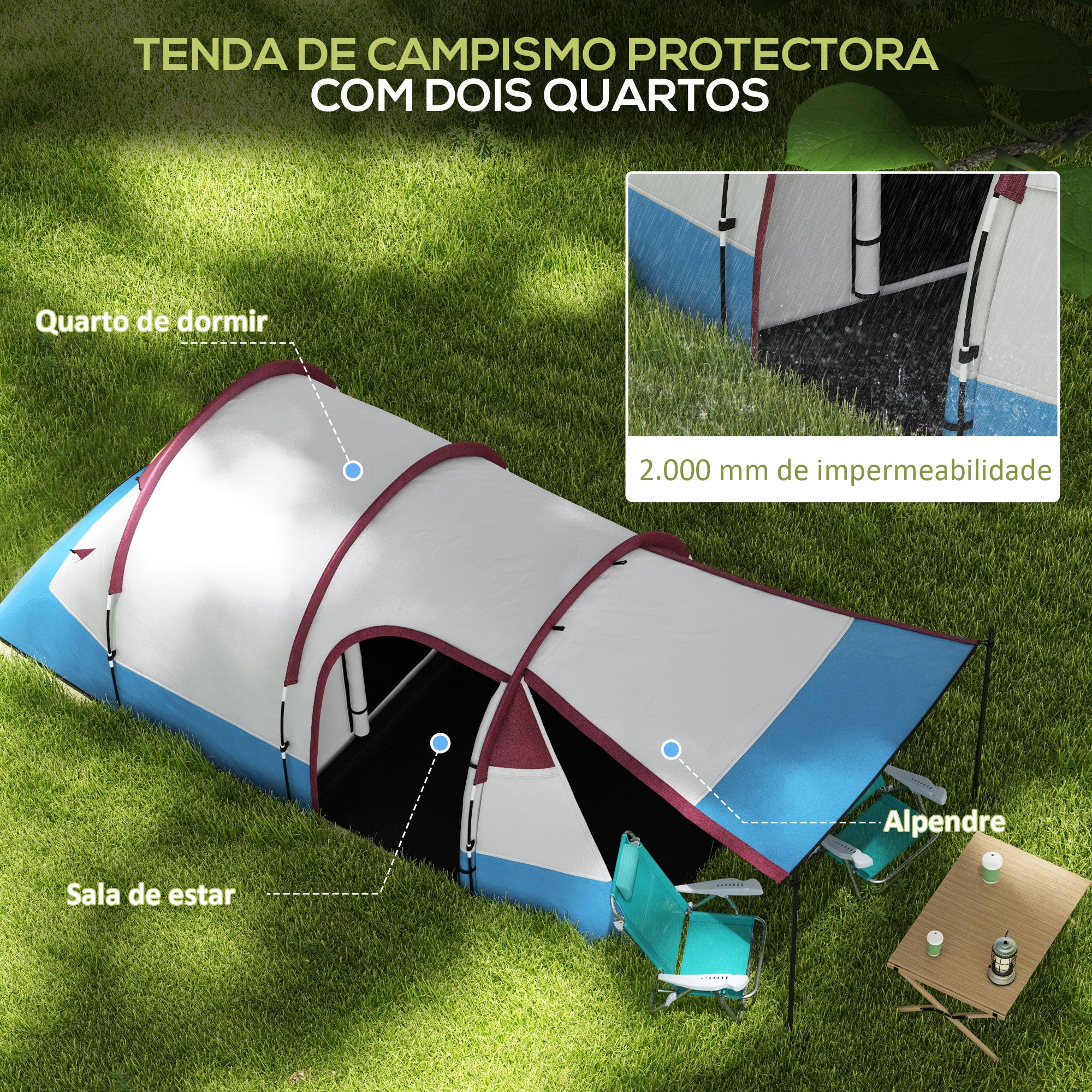 Tenda de Campismo Familiar 2-3 Pessoas 420x200x150 cm - Cinza Claro, Azul Claro e Vermelho