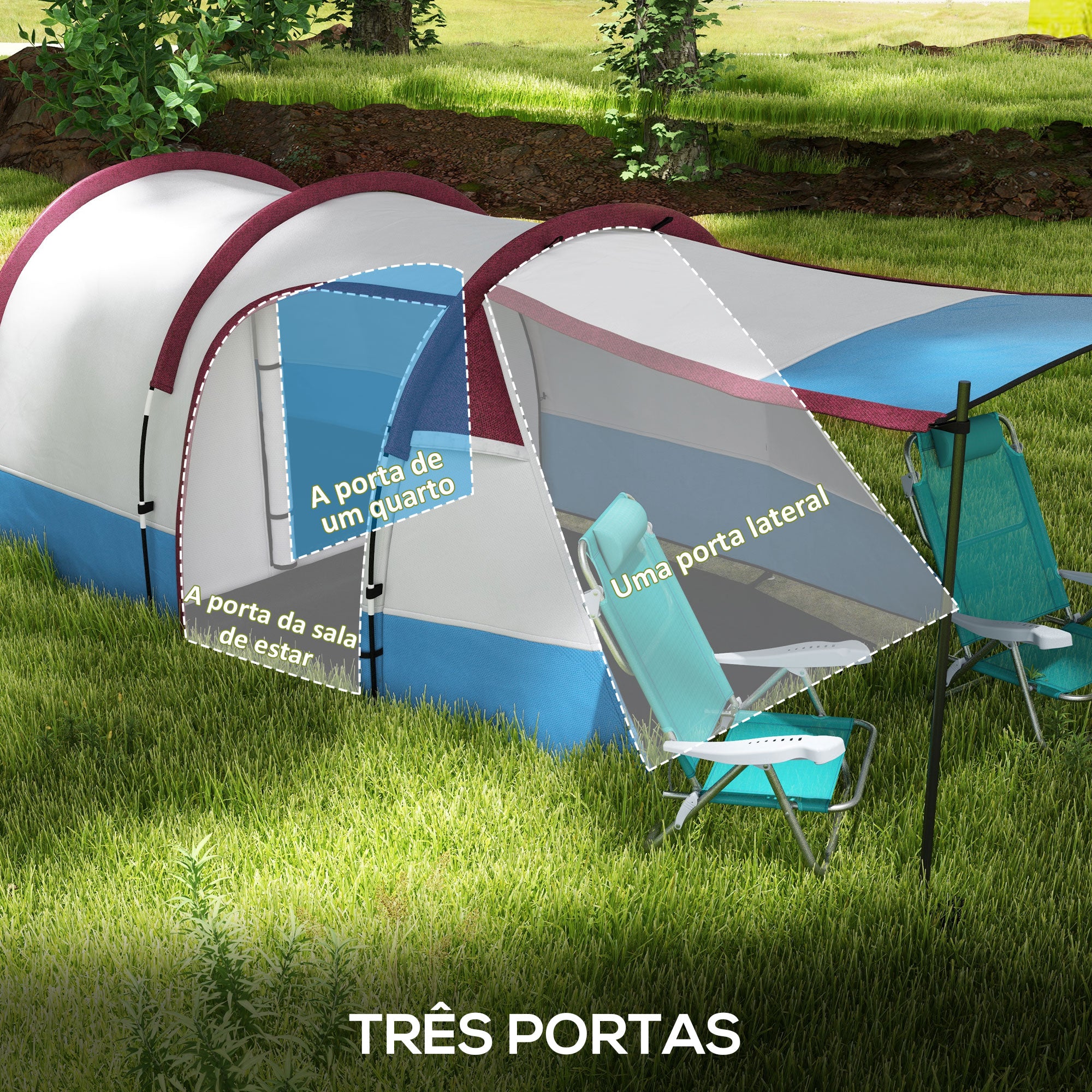 Tenda de Campismo Familiar 2-3 Pessoas 420x200x150 cm - Cinza Claro, Azul Claro e Vermelho