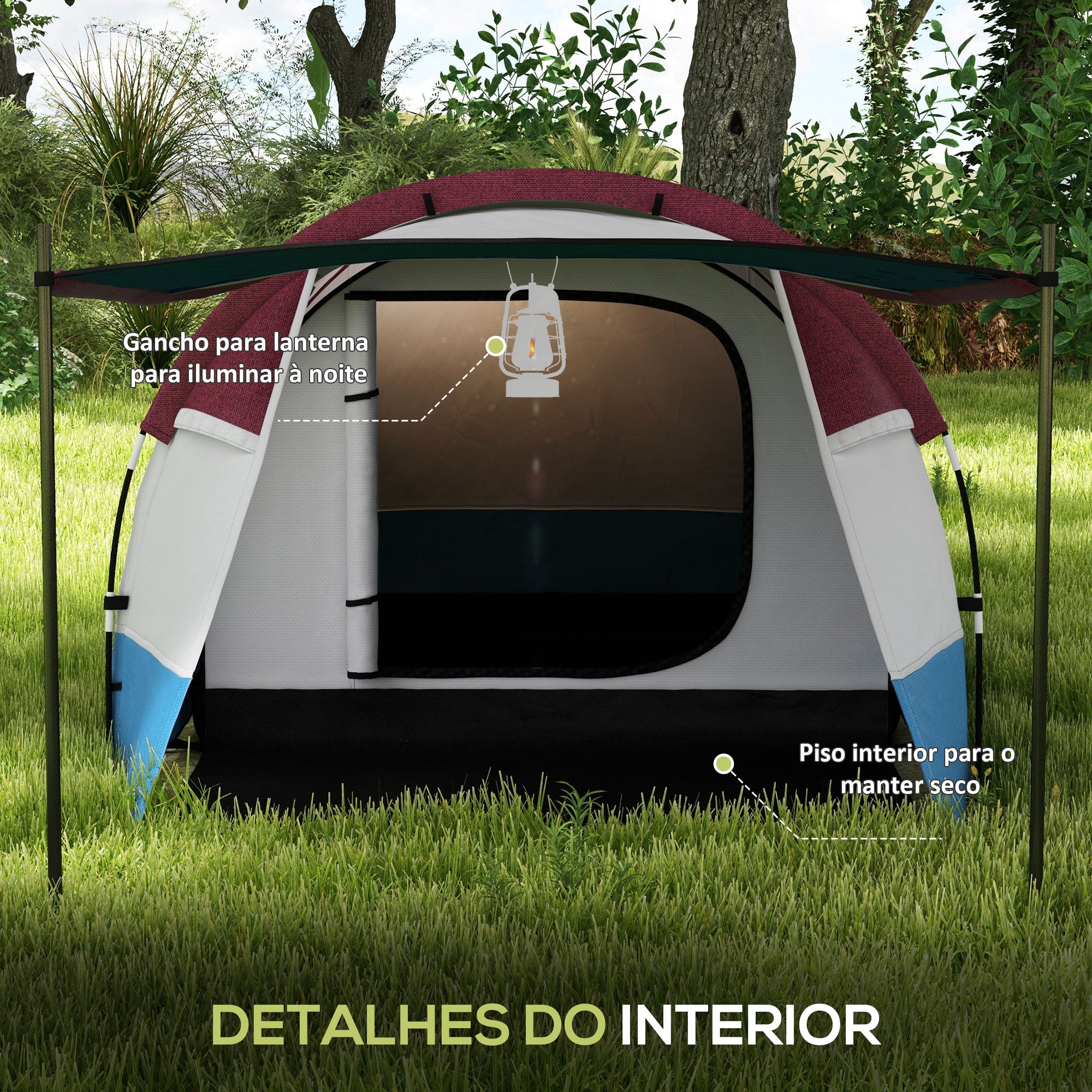 Tenda de Campismo Familiar 2-3 Pessoas 420x200x150 cm - Cinza Claro, Azul Claro e Vermelho